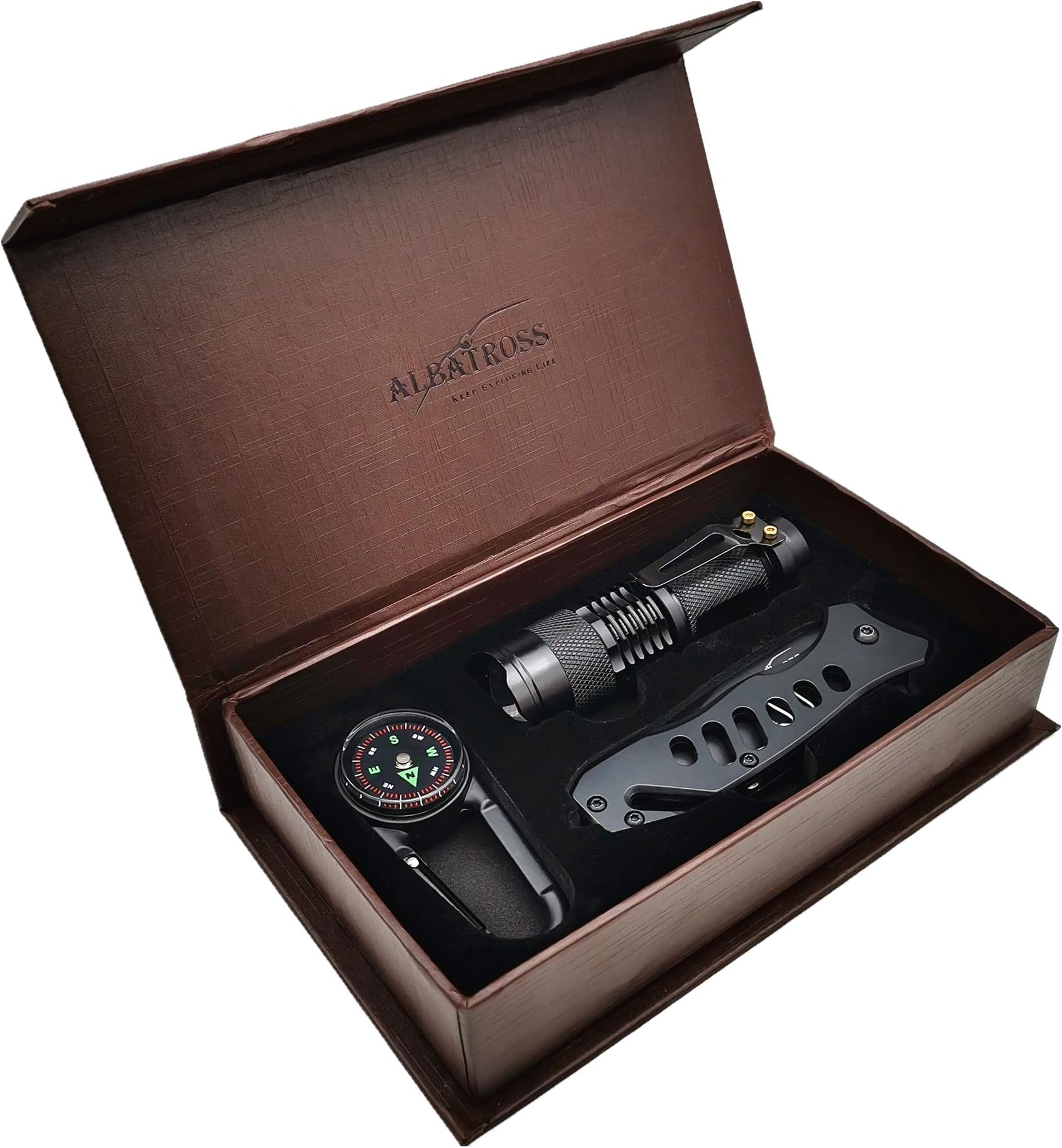 ALBATROSS Wild Survival Tools 3-in-1 Set Multi-Function Tool Combination with Tactical Folding Knife, Adventure Compass, Flashlight