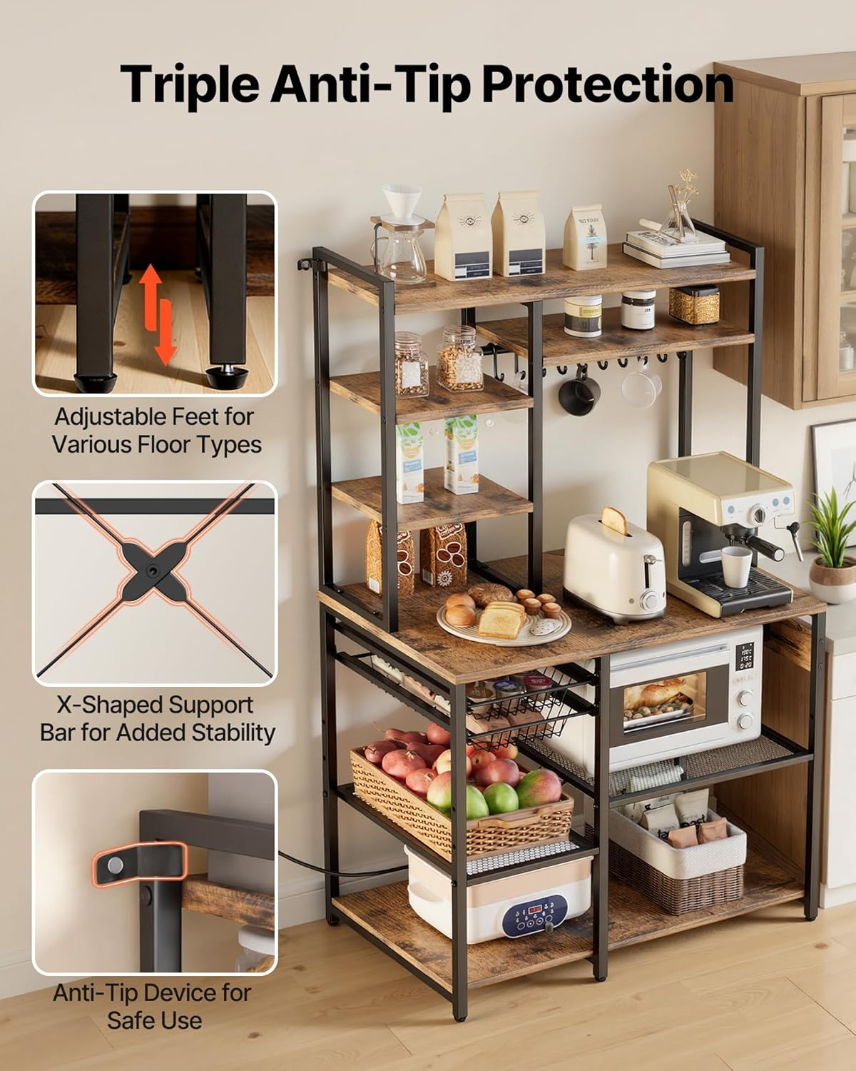 VEVOR Kitchen Bakers Rack with Power Outlets, 35.4x15.7x70.9 Inch Microwave Stand with Built-in Power Strip & 5 Ft Cord, 10 S-Shaped Hooks, for Dish Storage, Spice Jars, Coffee Bar Organization