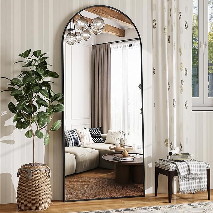 65" x 24" Arch Full Length Mirror - Floor Full Body Mirror with Aluminum Frame - Standing, Leaning or Hanging, for Bedroom, Living Room, Black