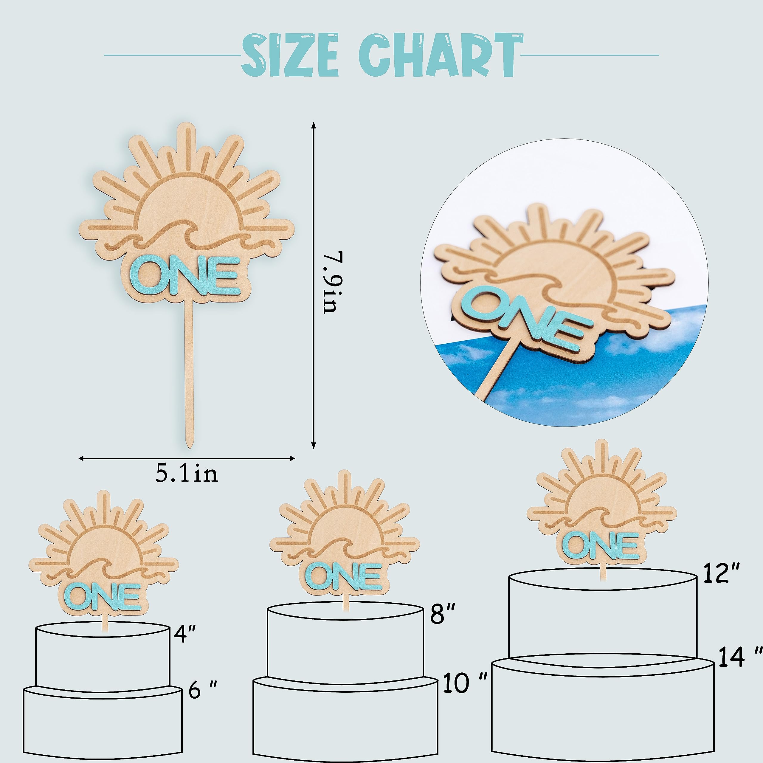 MUWEOL Wooden Cake Topper "The Big One" - Wave Theme First Birthday Decor, Surf Boy Party, Smash Cake Props