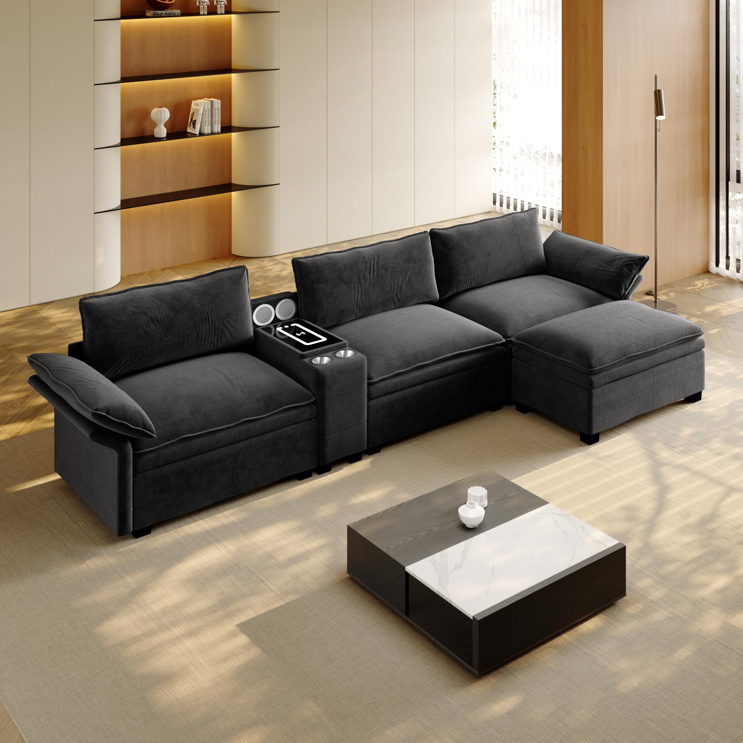 Sofá modular en L de 315 cm con otomano, chenilla Cloud sofá con espacio de almacenamiento, carga inalámbrica, altavoz Bluetooth, luz ambiental y 2 soportes para bebidas, 4 plazas para salón y oficina