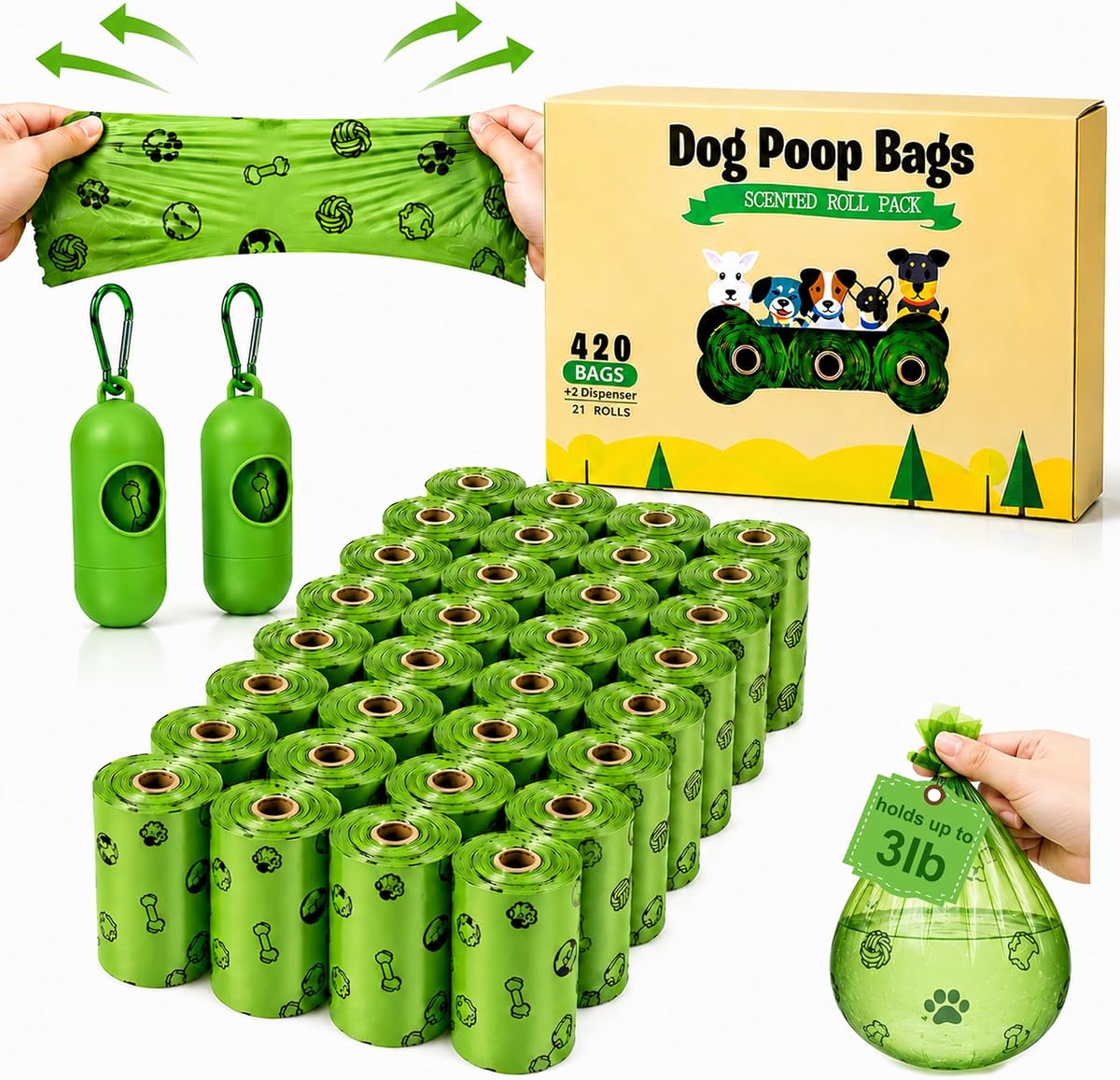 Thick Dog Poop Bags Rolls - Strong Leak Proof with 2 Dispensers 420 Count | Scented Odor Control Doggie Poop Bags 13 x 9 in for All Breeds - for Daily Walks Outdoor Cleanup (Green)