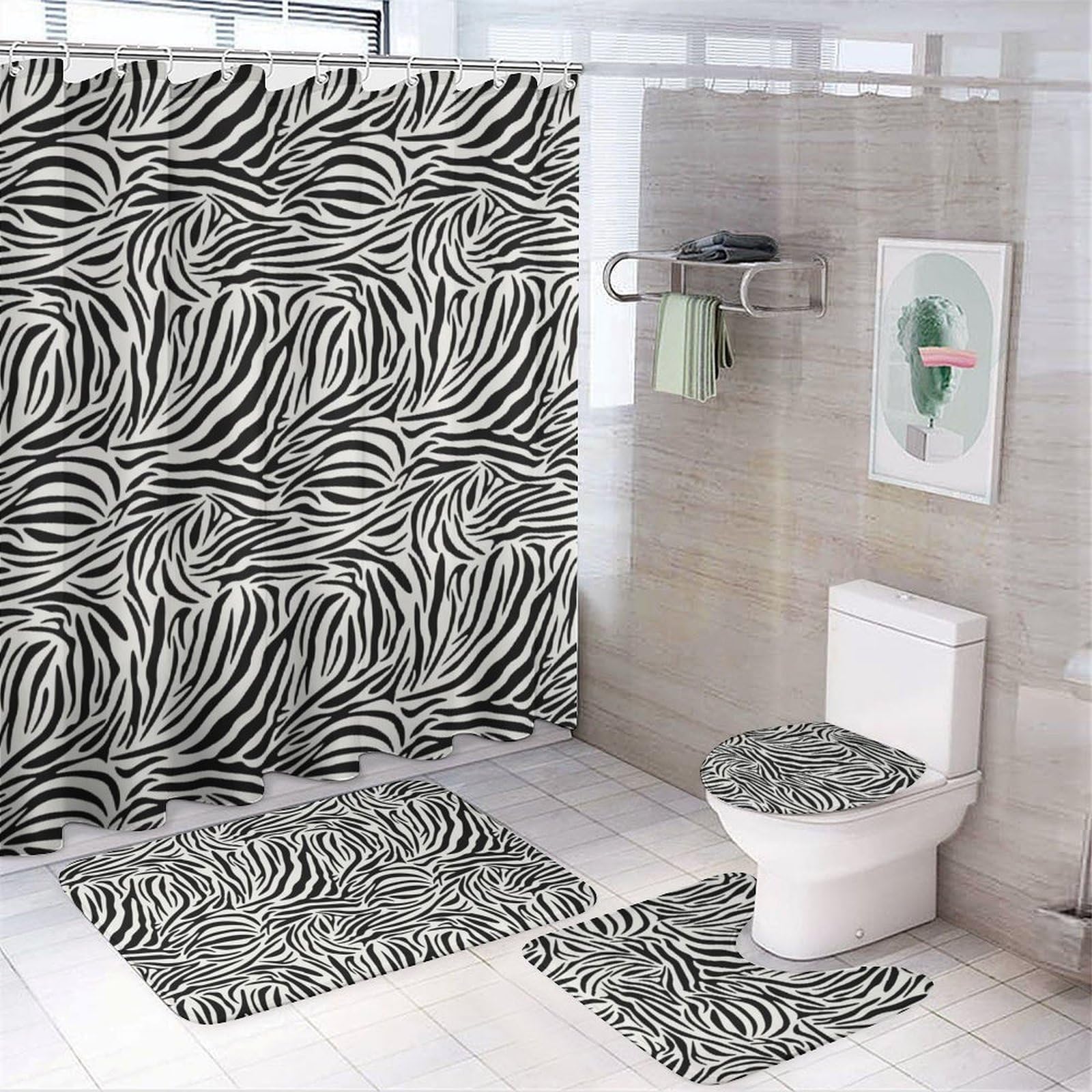 JiuPopular Bathroom Mat Set 4 Piece, Zebra Pattern Shower Curtain with Non-Slip Bath Mats for Bathroom
