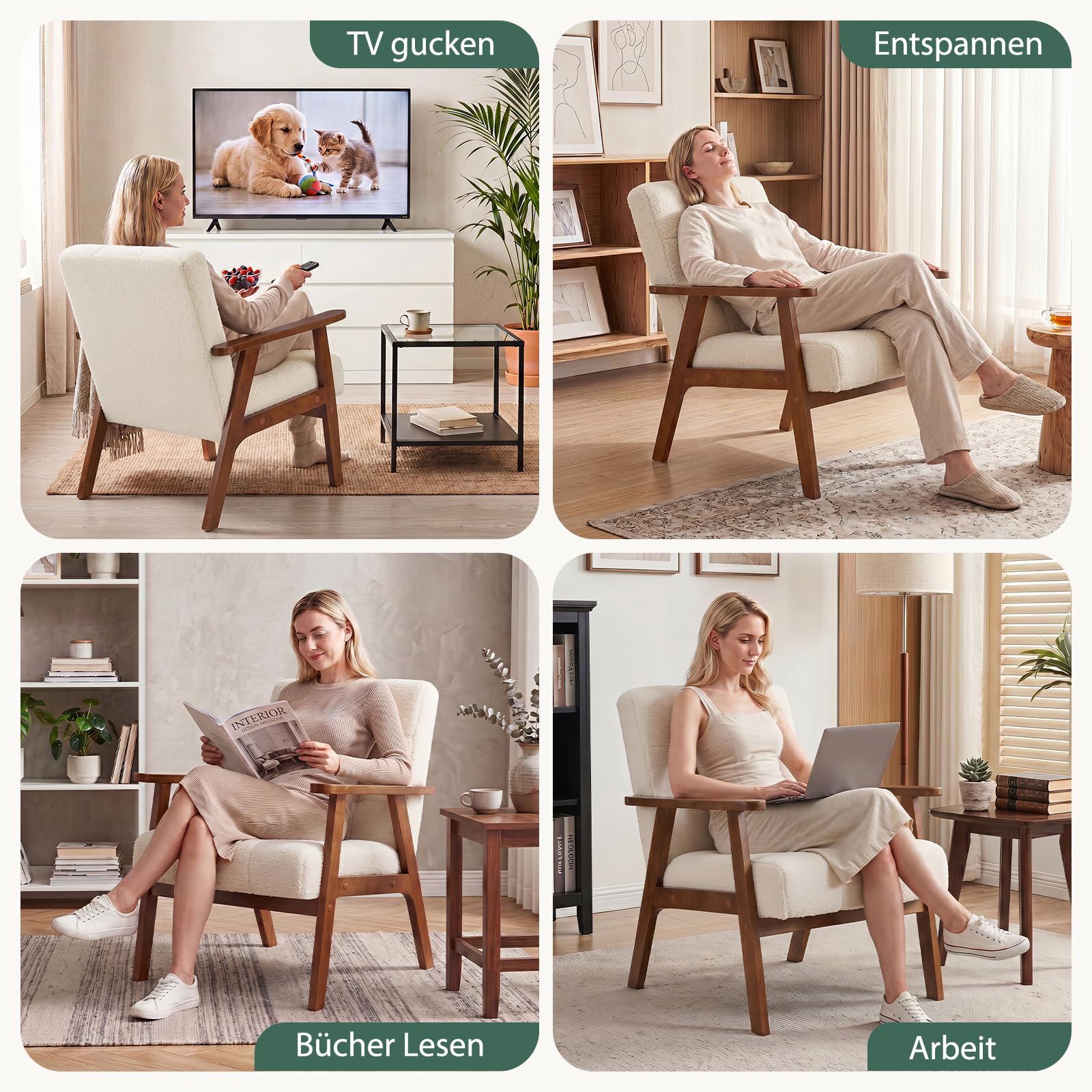 Sessel mit Armlehnen, Loungesessel aus Samt mit Dickem Kissen, Cocktailsessel mit Massiven Holzbeinen, Polstersessel für Wohnzimmer, Schlafzimmer, Aufenthaltsraum, Büro, Elfenbeinweiß
