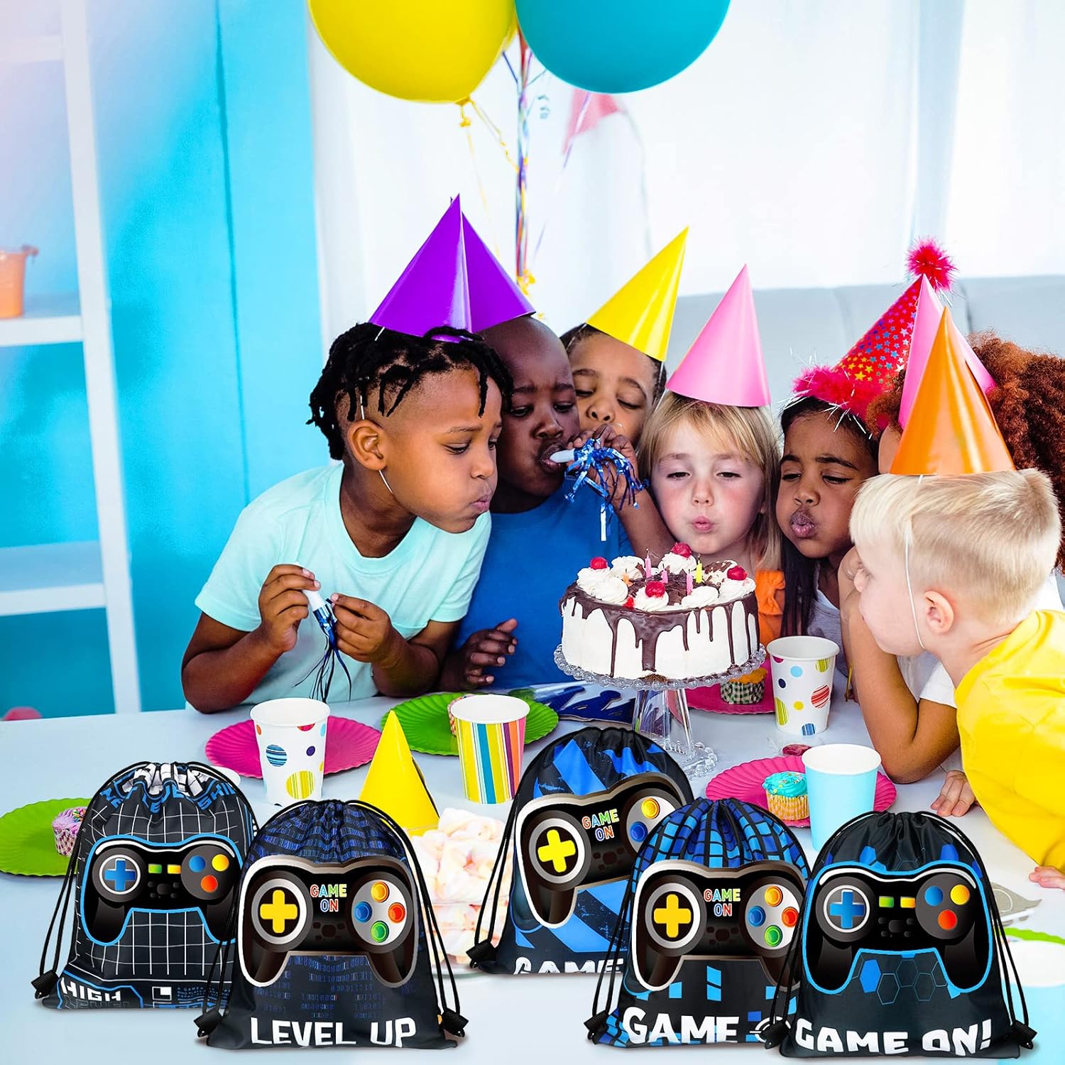 Shappy 15 Pack Video Game Party Loot Bags Blue and Black Theme Present Bags Party Supplies Birthday Goodie Bags Video Game Party Favors with Drawstring Party Favor Sets - Image 5