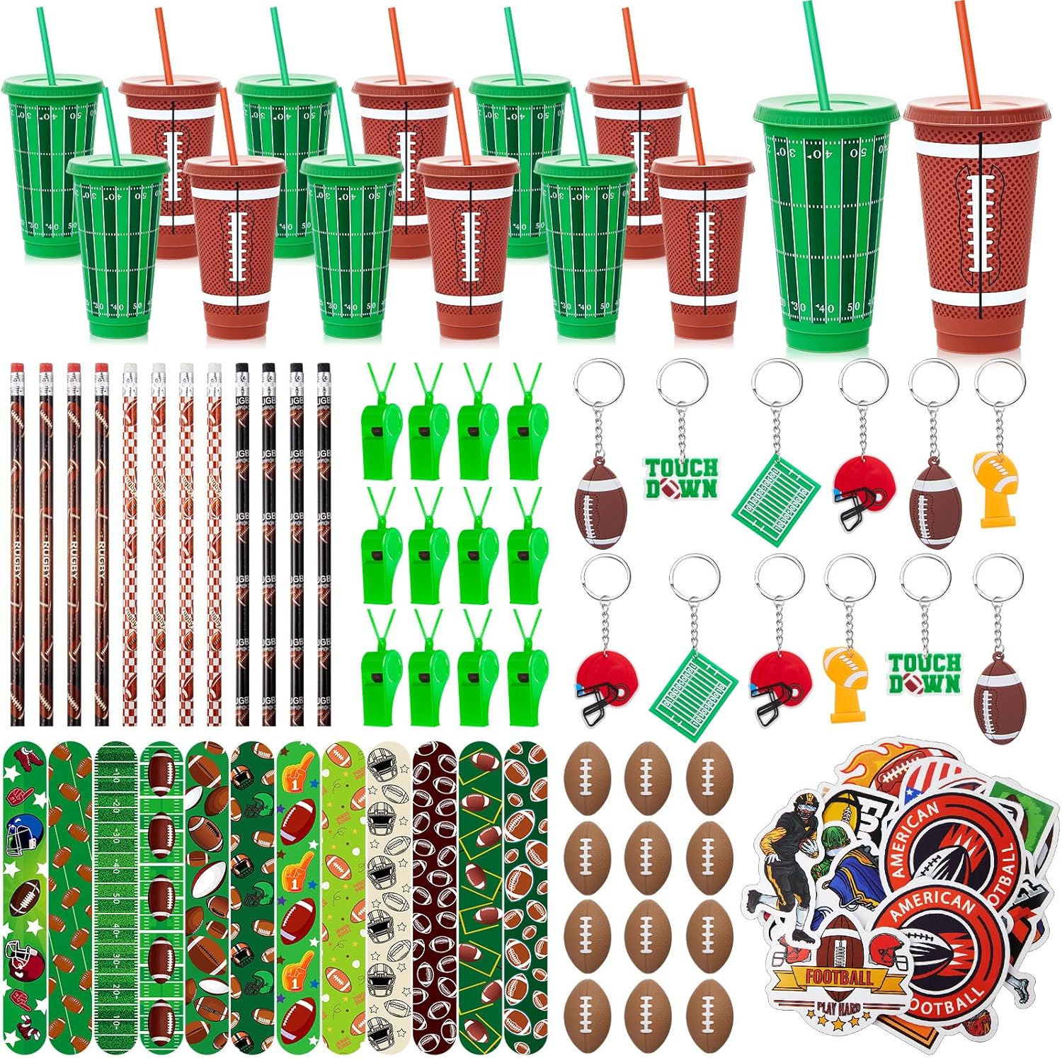 122 Pcs Football Party Favors Football Gift Set Includes Cups with Straw Mini Stress Ball Keychains Slap Bracelets Whistles Stickers Pens for Birthday Party Supplies