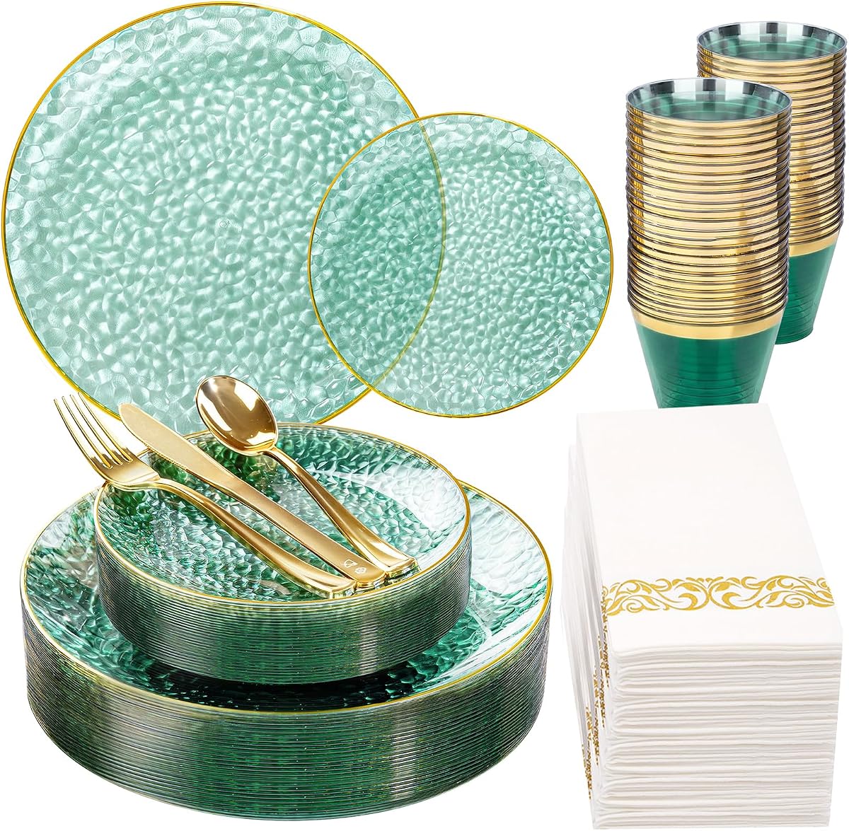 DaYammi 175PCS Green Plastic Dinnerware Set for 25 Guests | Hammered Disposable Plates for Party, Include: 25 Dinner Plates, 25 Dessert Plates, 75 Gold Silverware, 25 Napkins, 25 Cups
