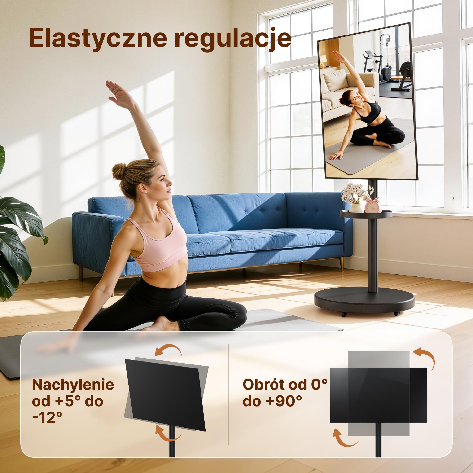 Mobilny stojak pod telewizor na kółkach – do ekranów 32–65 cali | do 40 kg– z regulacją wysokości i półką – obrót pion/poziom – maks. VESA 400x400 mm – Czarny