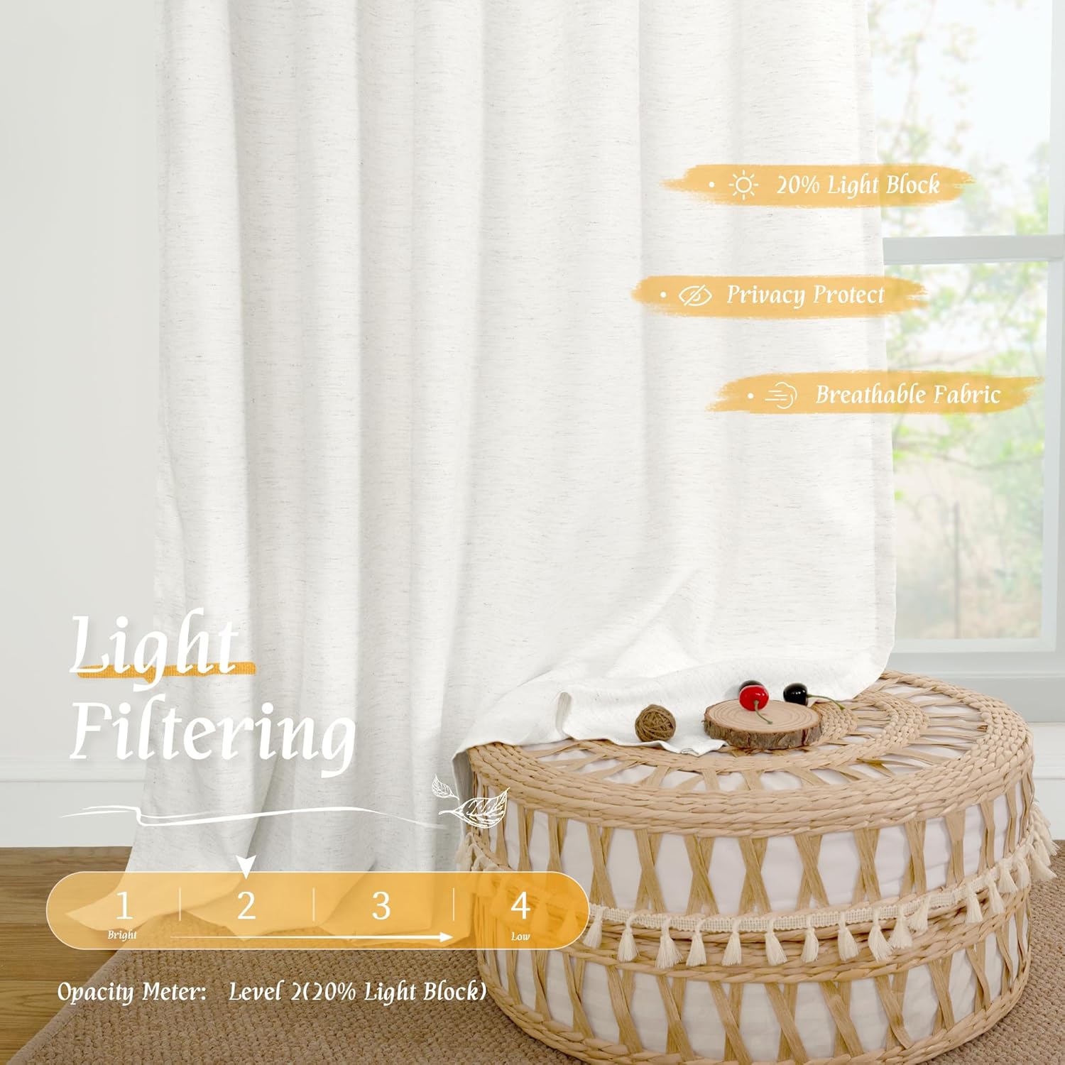 LAMIT Short Linen Curtains 40 Inches Long for Small Window, Rod Pocket Linen Privacy Drapes Light Filtering Semi Sheer Window Curtains for Kitchen/Bedrooom, Set of 2 Panels (42 x 40 Inch, Ivory White)