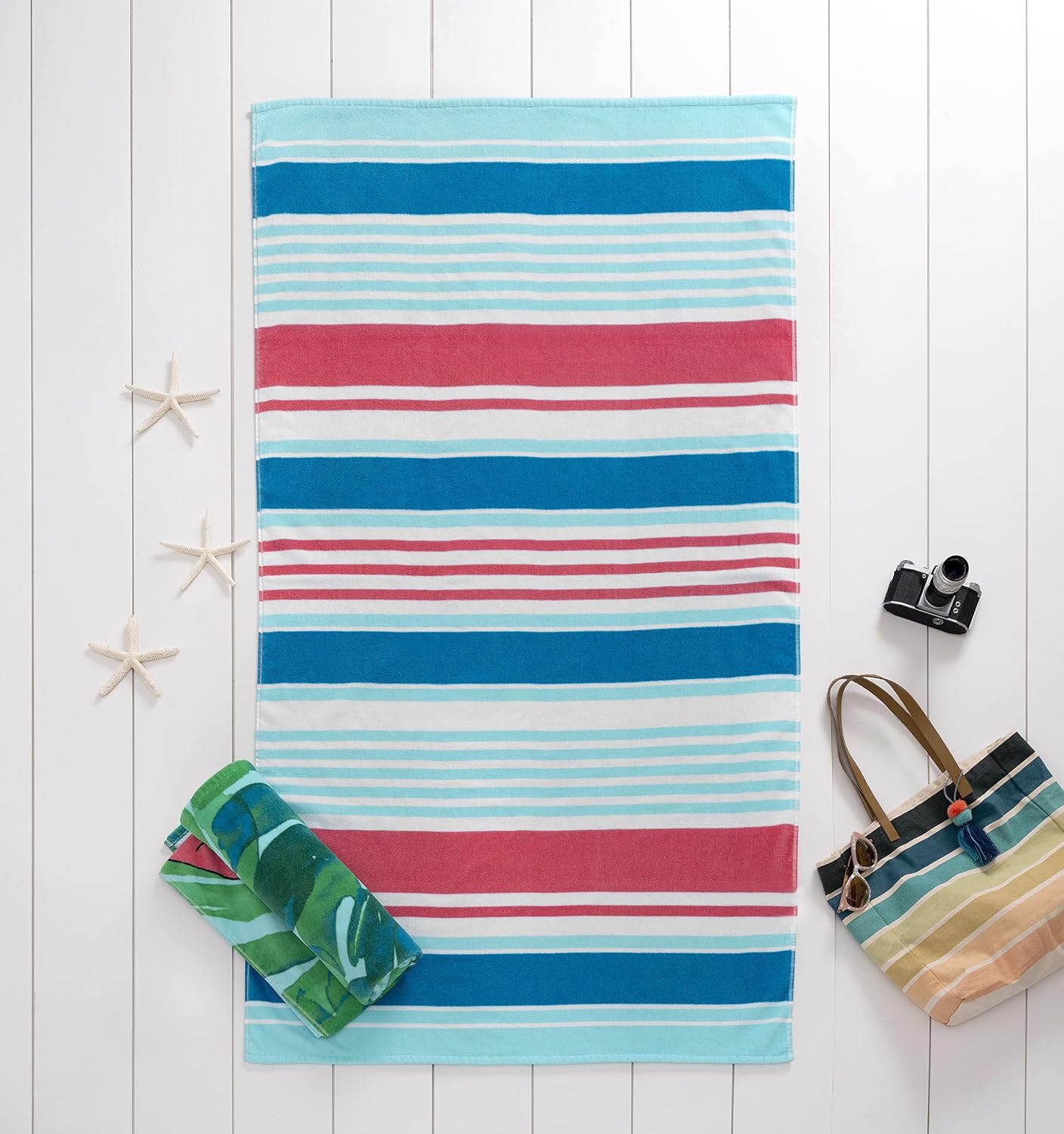 Welhome 100% Cotton Printed Beach 2 Piece Towel Set | Oversize Towels | Tropical | Pool & Beach | Supersoft | Ultra Absorbent | Quick Dry | Machine Washable | Blue Stripe & Flamingo