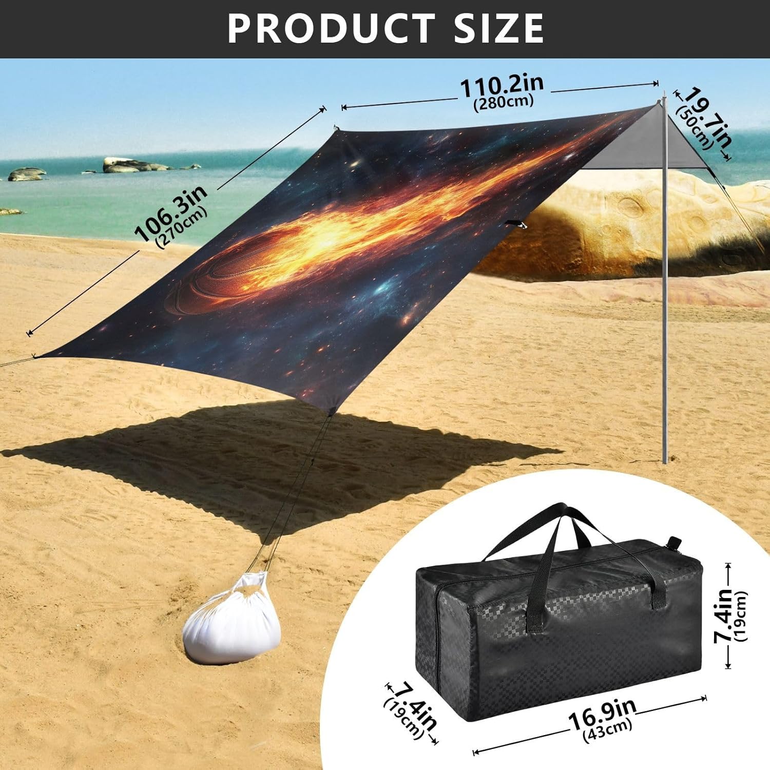 ALAZA Firing Basketball Galaxy Beach Tent Sun Shelter UPF50+ Protection Beach Shade Canopy w/ 4 Sandbags for Outdoor Camping, Fishing, Backyard Fun, Picnic, 10x9 ft