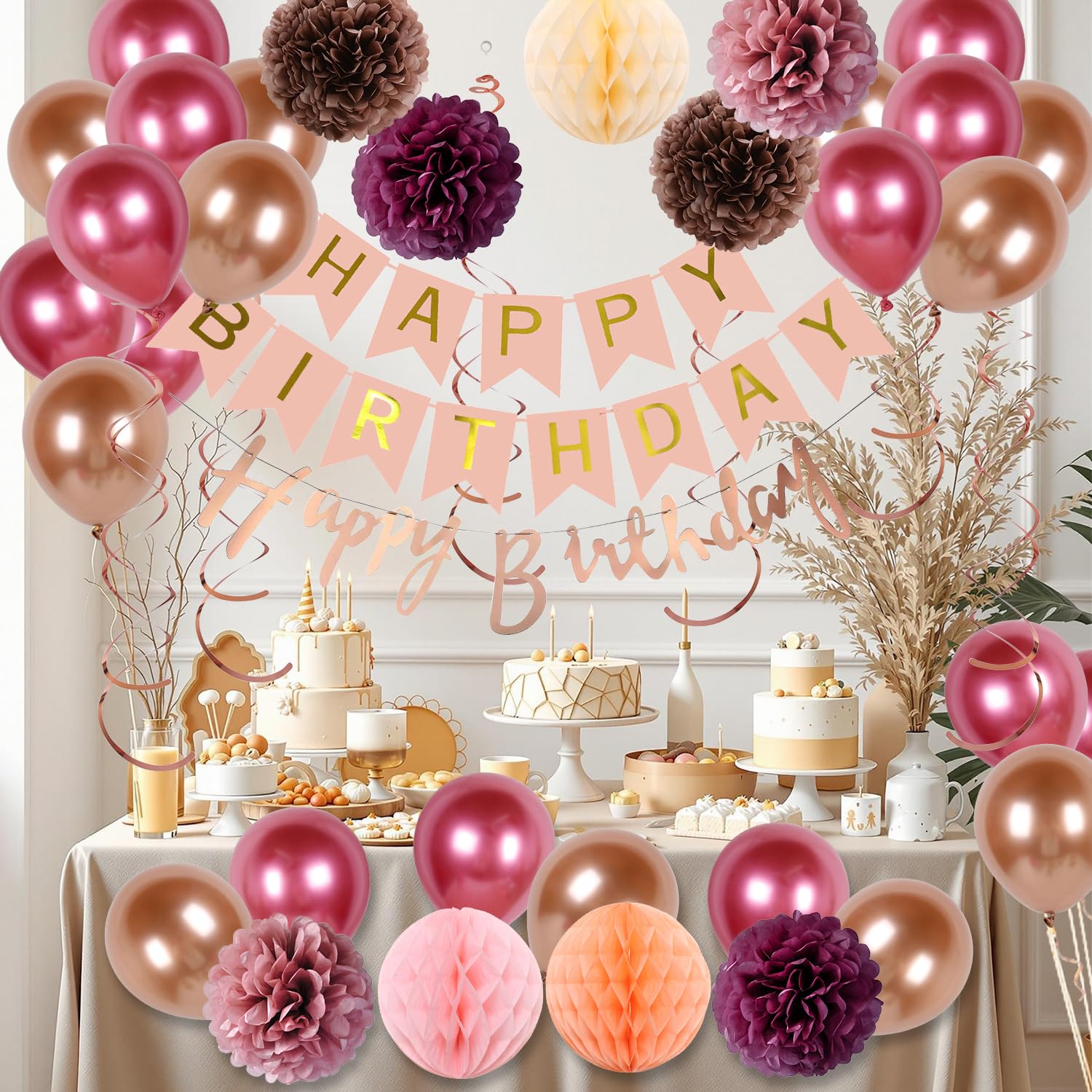 Set di palloncini decorativi per compleanno, ghirlanda di palloncini e spirali, decorazione di compleanno, pompon di carta, Honeycomb per ragazze e donne