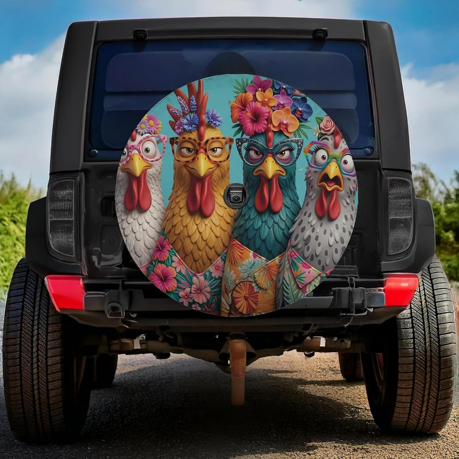 Funny Chicken Spare Tire Cover with/Without Backup Camera Hole, Farm Animal Wheel Cover, Rustic Rooster Hen Tire Protector