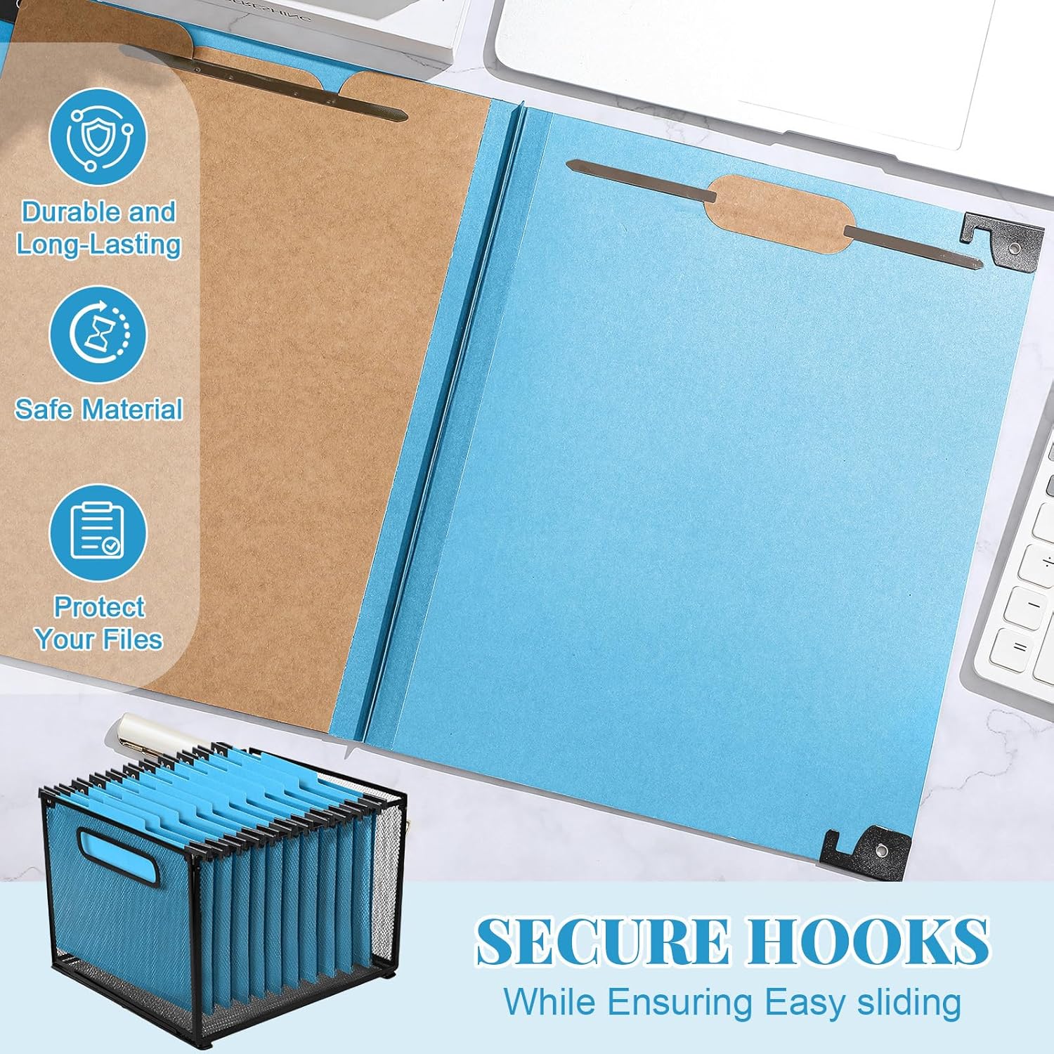 Henoyso 10 Pcs Hanging Classification File Folders Letter Size with 3 Dividers 8 Fasteners 4 Inch Expansion 1/3-cut Top Tab for Medical Legal School Office Records Storage Organizer Use (Light Blue)