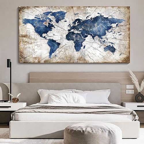 Miniatura 4 de Lienzo de mapa del mundo para pared, arte abstracto de mapas del mundo azul marino para pared, arte de pared moderno vintage para oficina, cuadros