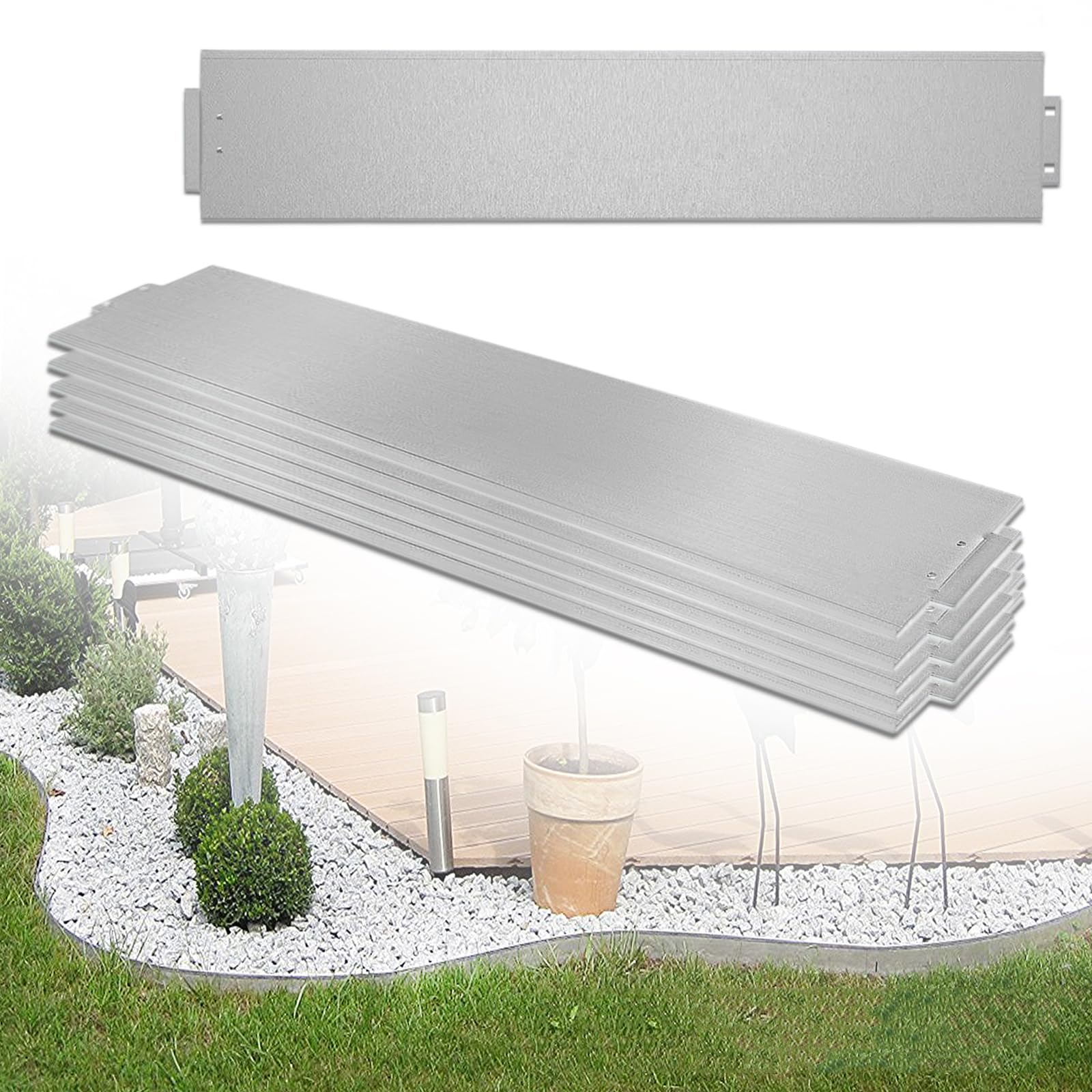 YEATHOR 45M Metal Lawn Edging Garden Edging Border Galvanised Steel Landscape Edge Fence Flexible Easy Install with Buckle DIY Section Strip for Garden Grass Pathway, Silver 15cm High
