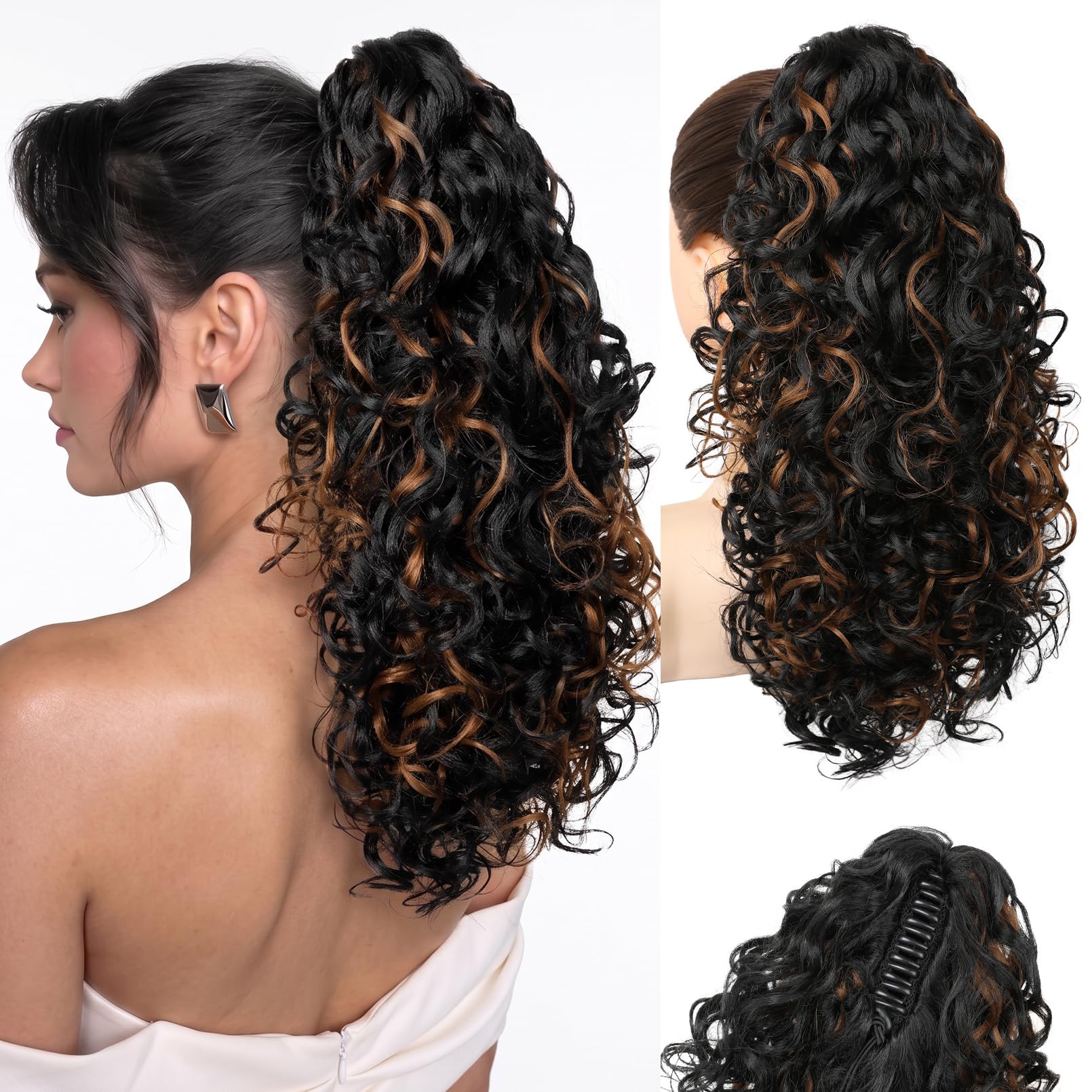 Photo 1 of Flufymooz 100? Pure Protein Ponytail Extension, 18 Inch Curly Claw Clip Ponytail Hair Extensions Natural Soft pony tail hairpiece for women-Black Brown with Copper Red Highlight