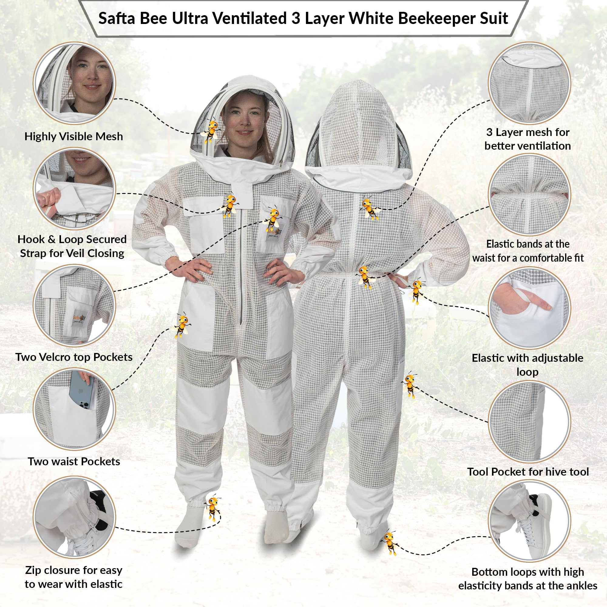 Safta Bee - Tuta da apicoltura per apicoltori professionali, con guanti da apicoltura e velo in rete non infiammabile, morbida, confortevole, durevole, antistingproof anti vespa (XL)