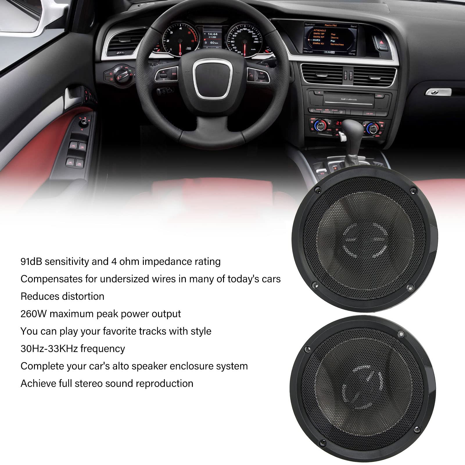 SIXRUN Altavoces de Coche Coaxiales 260W, 91dB 4 Ohmios