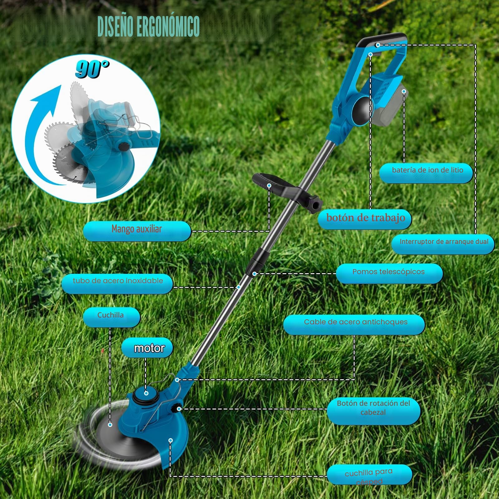 Desbrozadora con batería compatible con batería Makita de 18 V, 4 en 1 sin escobillas, 20 cm de ancho de corte, mango ajustable de 99 – 135 cm, varilla telescópica para jardín césped Dornbusch