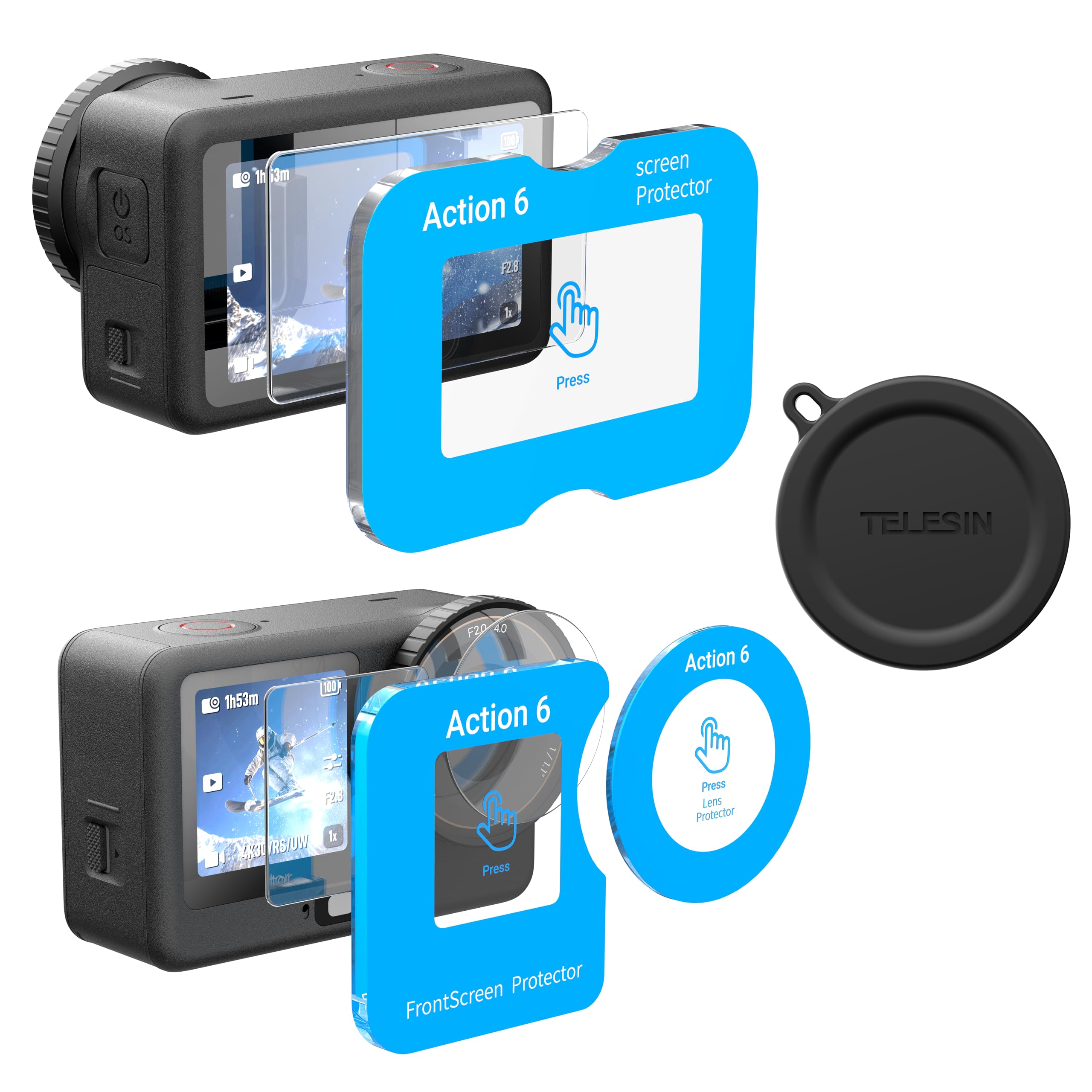 TELESIN AR-Ultra] Osłona ekranu i obiektywu z silikonową osłoną obiektywu do DJI Osmo Action 6, powłoka antyrefleksyjna AR do vlogowania na zewnątrz, z łatwą w instalacji ramką z automatycznym