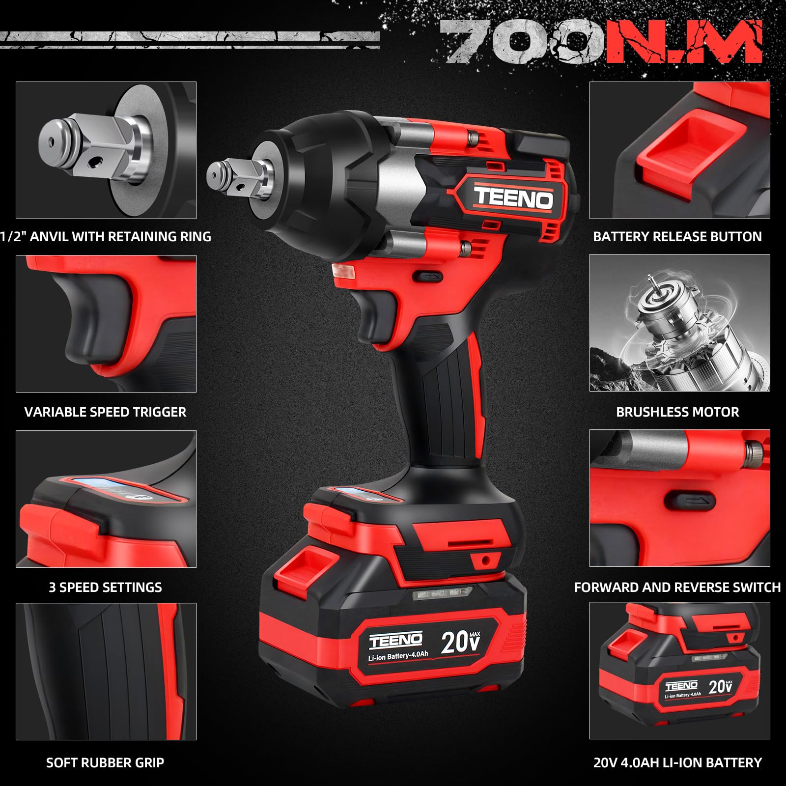 TEENO Avvitatore a Impulsi 700 Nm 1/2", 20V Brushless Avvitatore ad Impulsi con 2 Batterie da 4000mAh,4 Bussole (17/19/20/21mm), Testa Pivotante 180° & 90°,Caricatore Rapido
