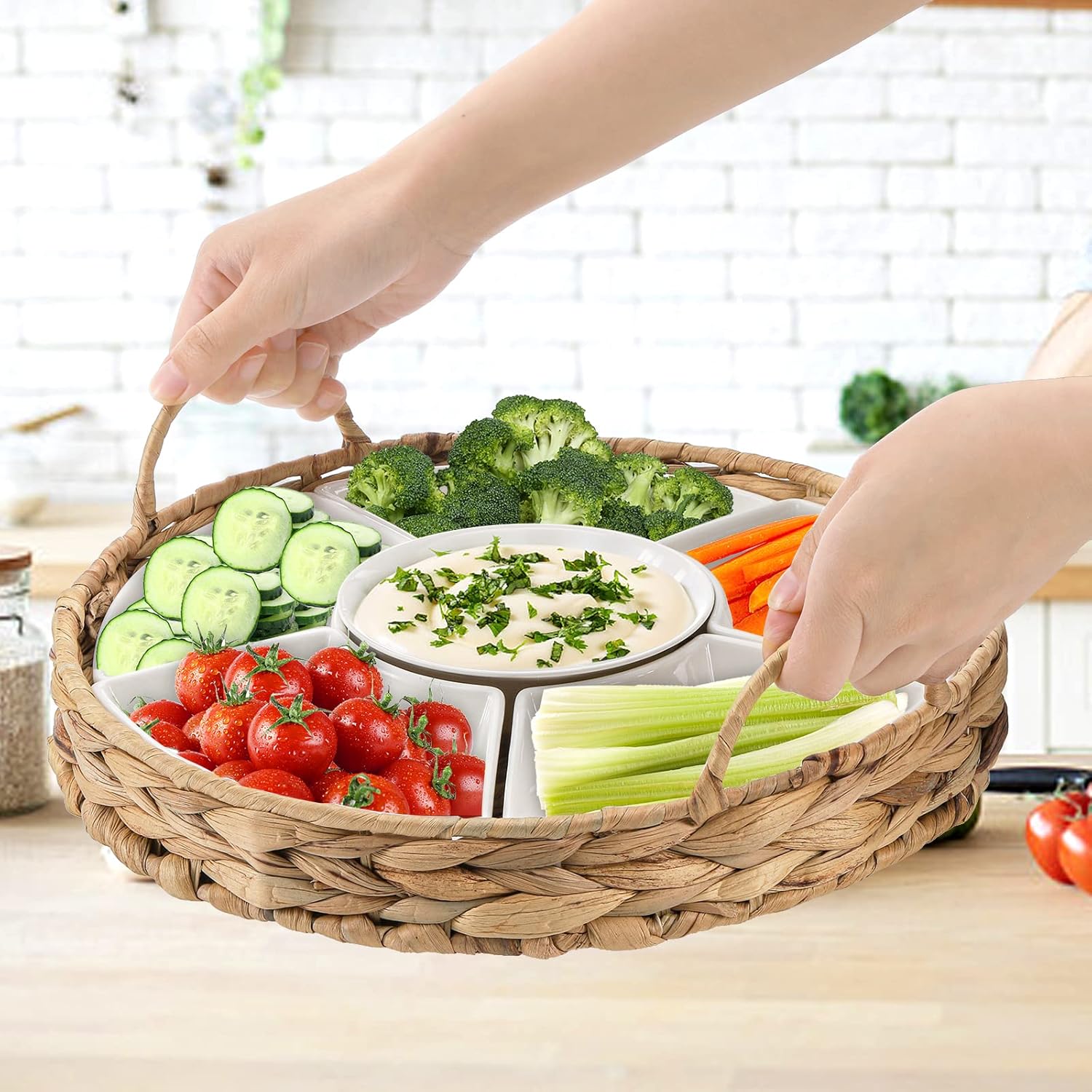 AVLA Ceramic Divided Serving Dishes, Porcelain Relish Tray, Party Appetizer Platter, 6 Removable Snack Bowls with Cattail Basket for Chips and Dips, Candy, Nut, Condiment, Veggie, Portable Handle