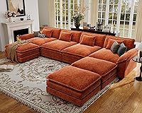CDCASA 154" Oversized Modular U-Shaped Sectional Sofa, Cloud Couch with 3 Movable Ottomans, 7-Seater Chenille Deep Seat, Terracotta Orange
