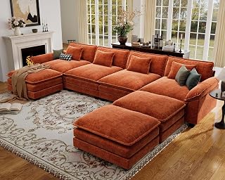 CDCASA 154" Oversized Modular U-Shaped Sectional Sofa, Chenille Cloud Couch w/ 3 Movable Ottomans, Deep Seat 7-8 Seater Terracotta Orange