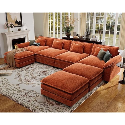 CDCASA 154" Oversized Modular Sectional Sofa, Comfy U-Shaped Cloud Couch w/ 3 Movable Ottomans, 7-Seater Chenille Deep Seat Modern Sofa Couch for Living Room, Terracotta Orange