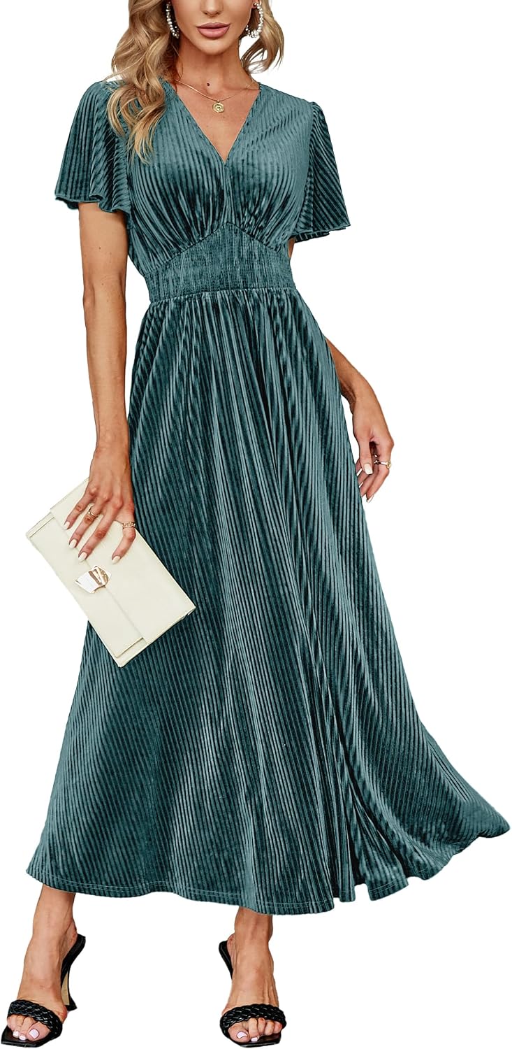  Women’s V Neck Velvet Maxi Dress Short Sleeve Empire Waist Long Formal Dress for Wedding Guest