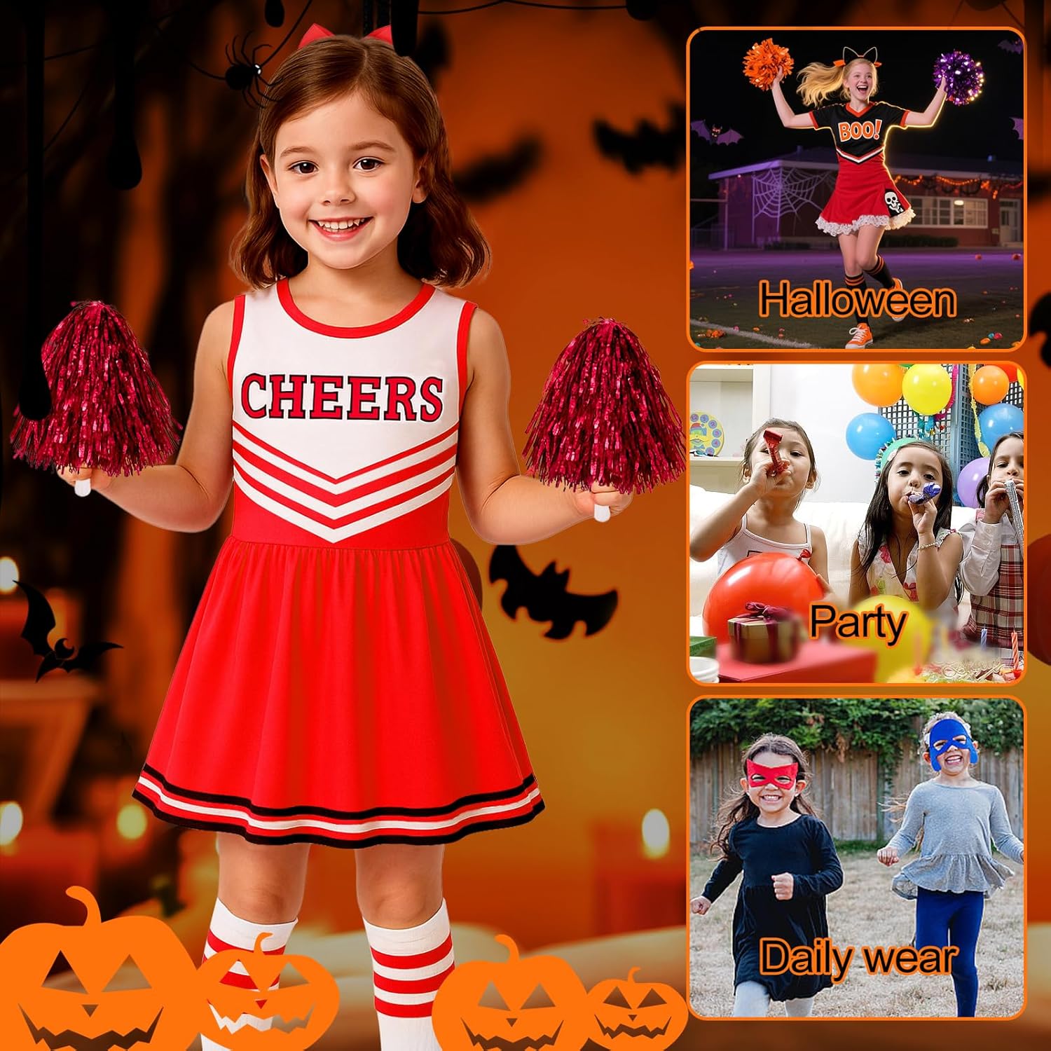 LiuSuper Cheerleader Costume for Girls, Bow&Poms&Socks, Halloween Kids Cheerleading Outfit High School Cheer Leader Dress Up - Image 6