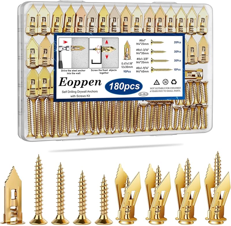 180Pcs Self Drilling Drywall Anchors with Screws Kit, Metal Expansion Bolt for Drywall, Zinc Plated Steel Drywall Anchors No Drilling Required Holds Up to 66lbs