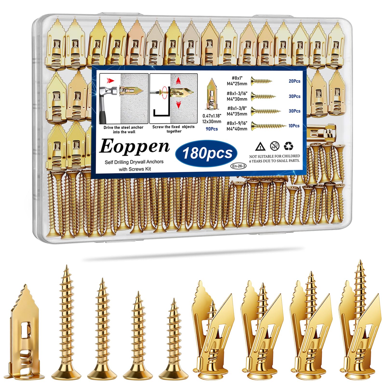 180Pcs Self Drilling Drywall Anchors with Screws Kit, Metal Expansion Bolt for Drywall, Zinc Plated Steel Drywall Anchors No Drilling Required Holds Up to 66lbs
