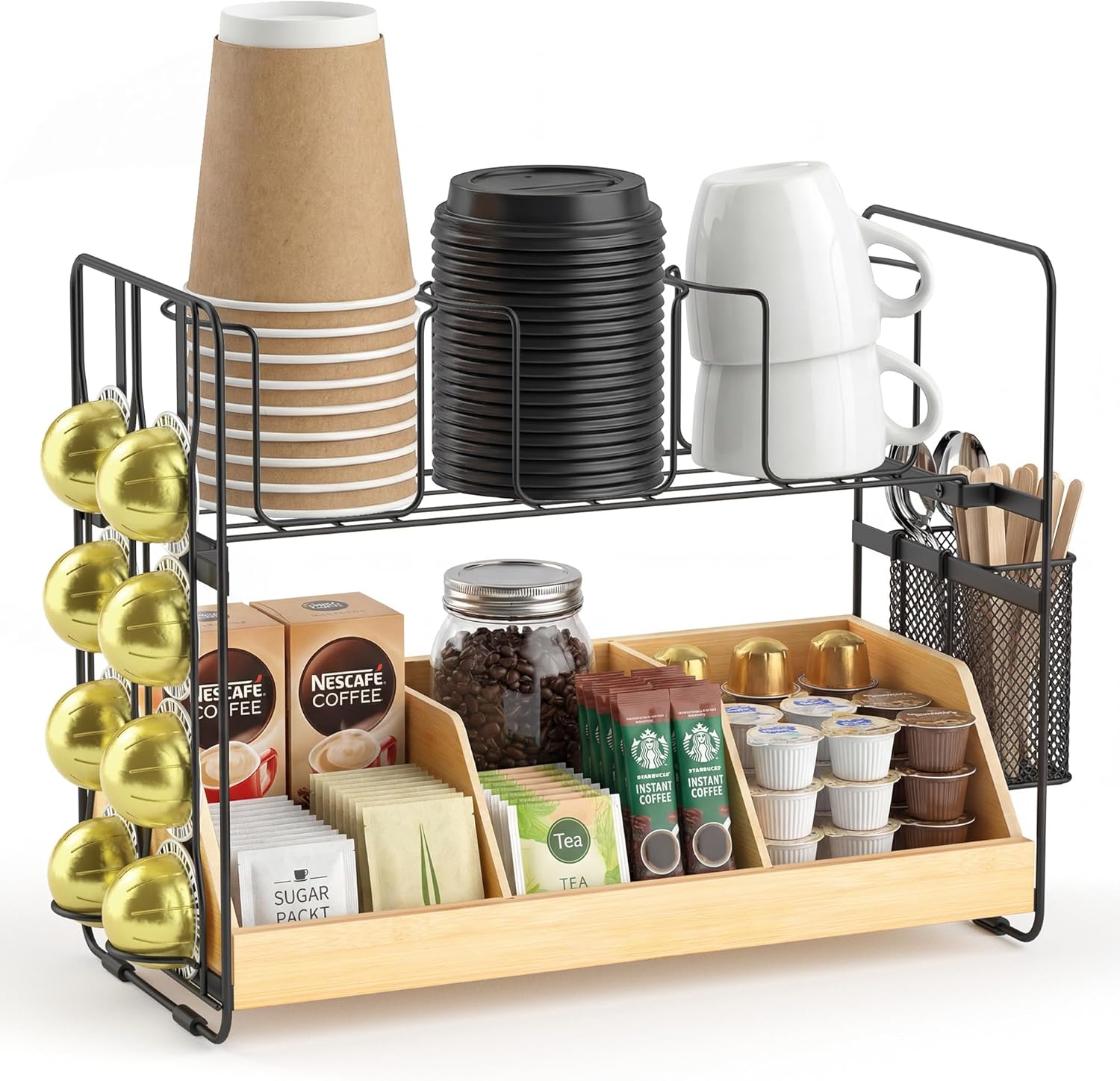 Coffee Station Organizer for Countertop - Bamboo Bar Organizer Rack for Nespresso Pod & K Cup - Coffee Pods Holder Storage Basket - Cup and Condiment Station for Kitchen Office Home (Black)