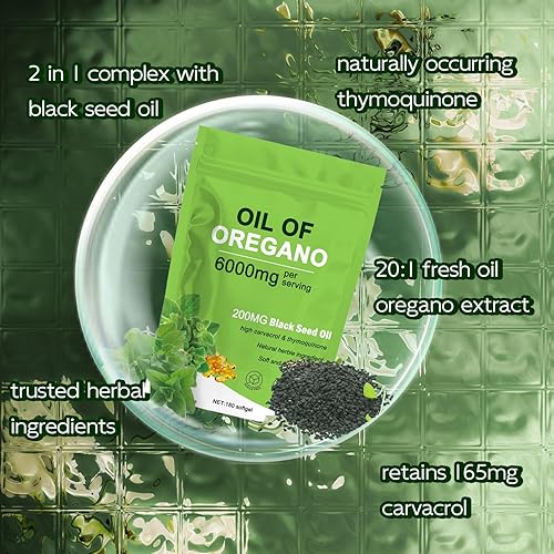 Miniatura 4 de Aceite de orégano con aceite de semilla negra, 6000 mg 2 en 1 cápsulas de aceite de orégano orgánico, sin OMG, sin gluten, 180 cápsulas blandas (1