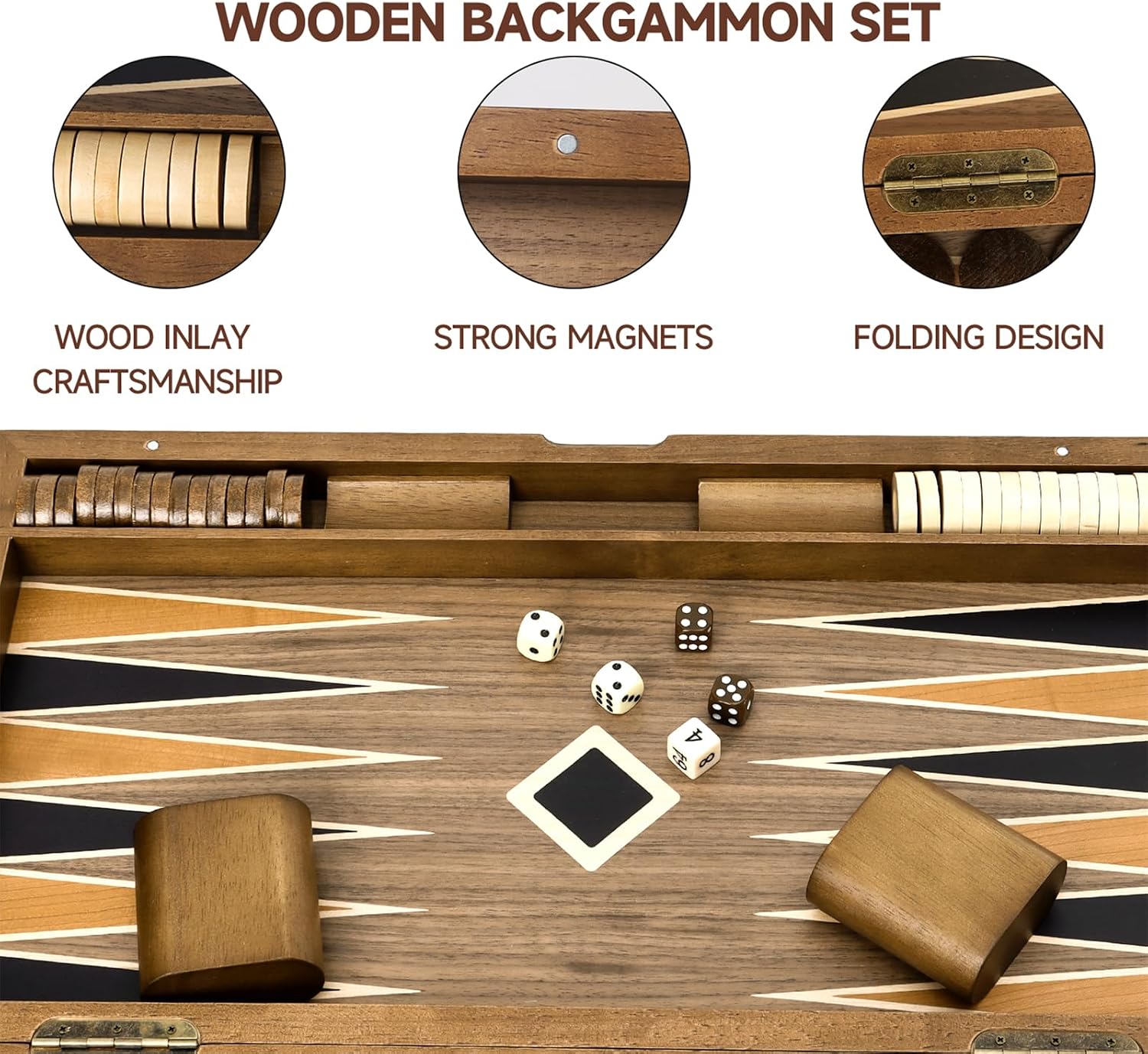 GSE Games & Sports Expert Premium Wooden Folding Inlay Backgammon Board Set, Classic Traditional Strategy Board Games (Star- 21 Inches)