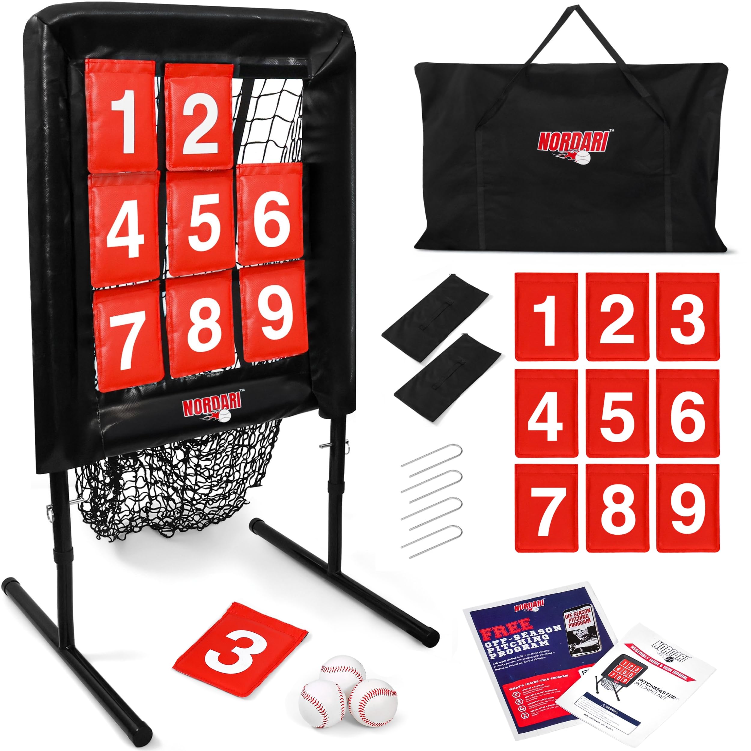 Robustes 9-Loch-Pitching-Netz mit Zahlen & Schlagzonen-Ziel, verstellbares Baseball- und Softball-9-Pocket-Pitching-Zieltrainer, tragbares Baseball-Übungsnetz für Schlag- und Spielfeldtraining