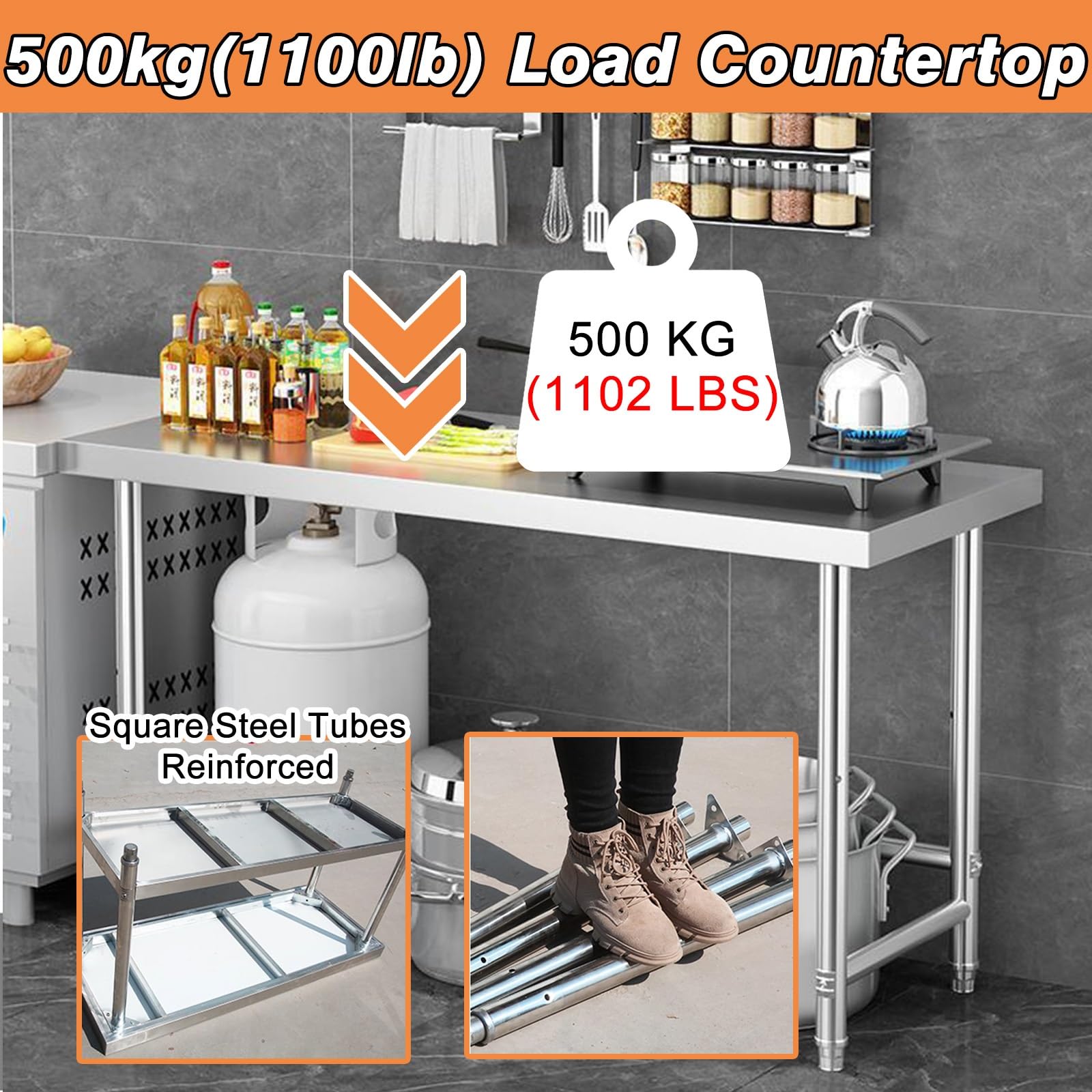 Mesa de trabajo de acero inoxidable, banco de preparación de cocina, 7 cm de grosor, ideal para taller, lavandería, garaje y catering