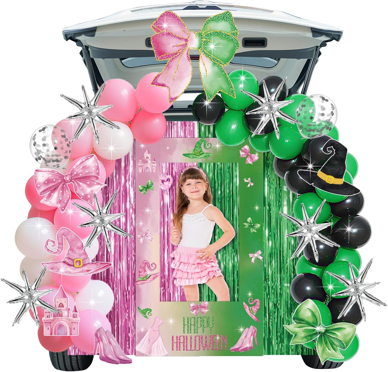 118 Pcs Halloween Witch Trunk or Treat Car Witch Decorations Kit Pink and Green Trunk or Treat with Cutout Banner Balloons Tassel for Suv Car Archway Garage Door House Party Decoration