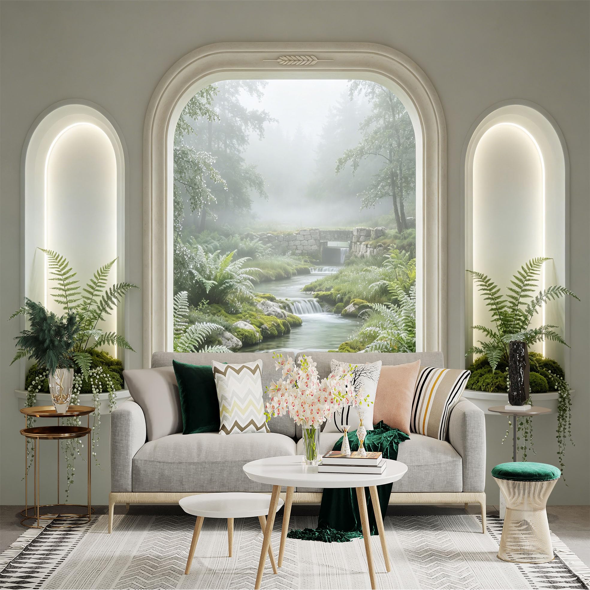 Custom Size Wall Sticker Mural， Misty Forest Stream with Waterfall and Green Ferns， for wall Decoration， peelandstick wall Decals.