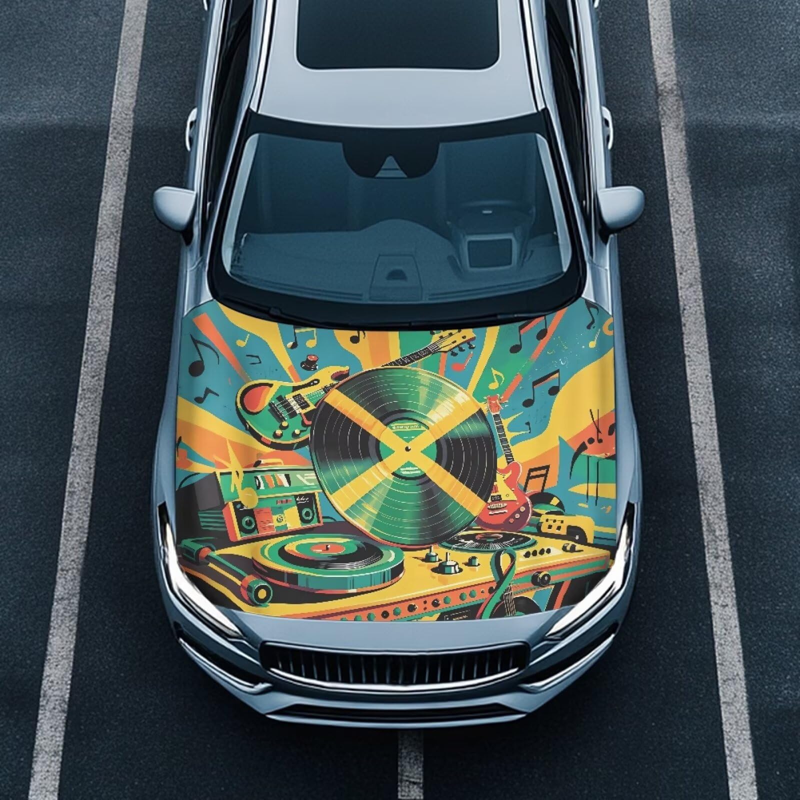 Jamaican Flag Car Hood Cover Elastic Music Lover Jamaican Flag Automotive Exterior Accessories Guitar Vinyl Musical Note Pattern Sedans Hood Protection Suitable for Most Car