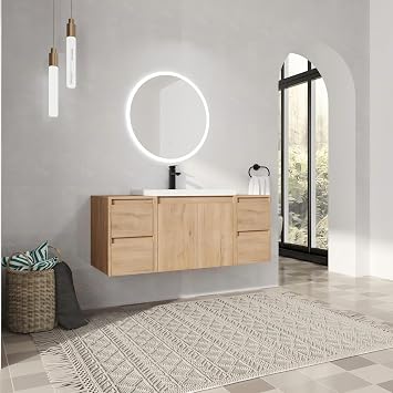 48 Inch Floating Vanity with Sink, 48" Bathroom Vanity, Modern Wall Mounted Vanity Combo, Brown Bathroom Vanity Set with 2 Door and 4 Drawer