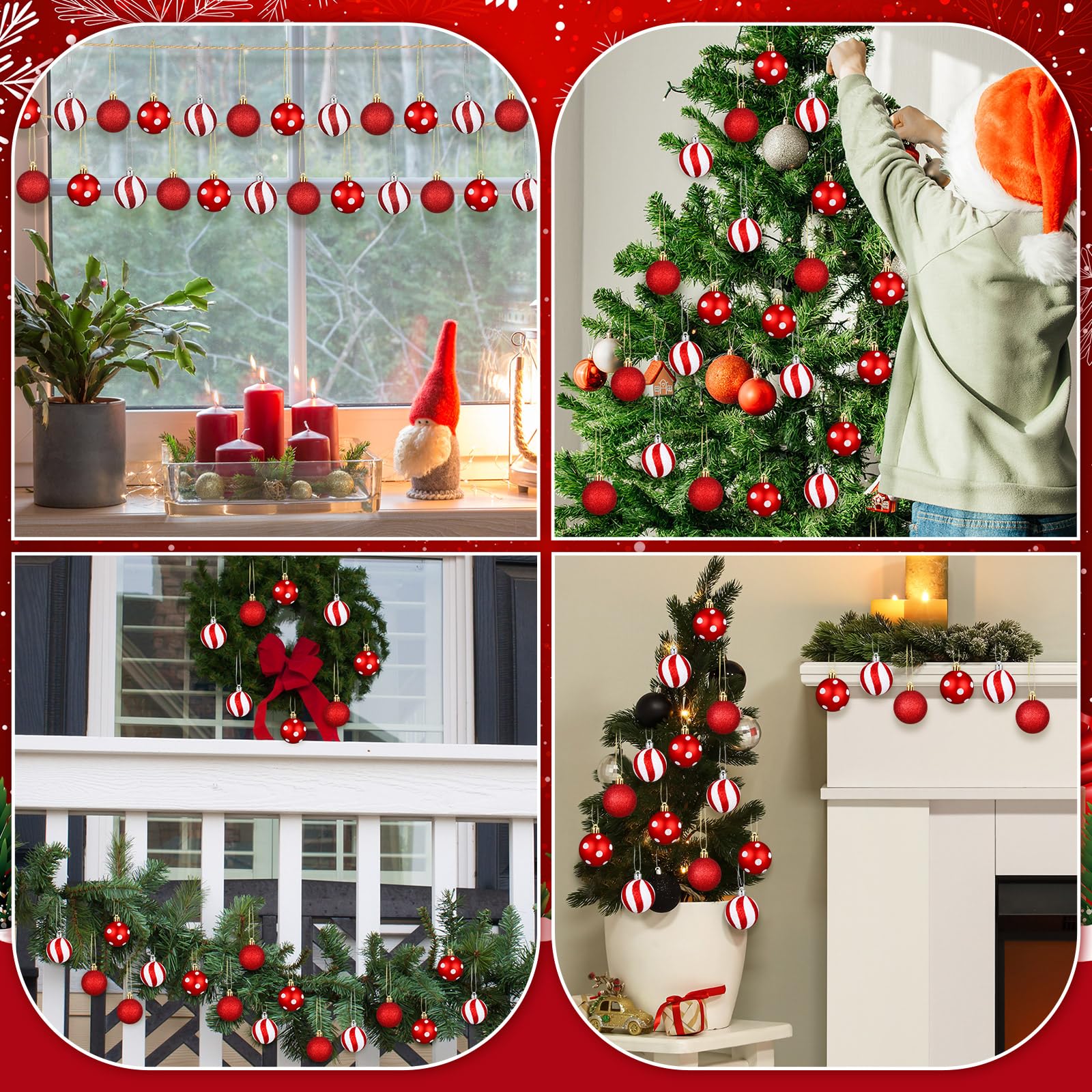 Lenwen 54 Stück Weihnachtskugeln Ornamente Mini rot und weiß Weihnachtsbaum Ornamente Xmas gestreifte Punkte bruchsicher Kunststoff hängende Ornamente für Baum, Urlaub, Party, Weihnachtsdekoration, 3