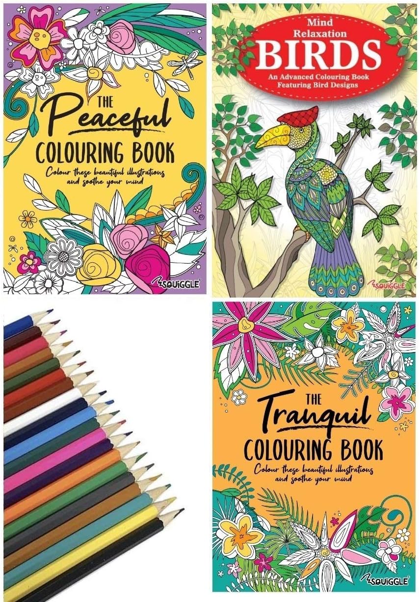 Set of 3 A4 Adult Colouring Books - Peaceful, Tranquil & Birds + 20 Colour Therapy Colouring Pencils