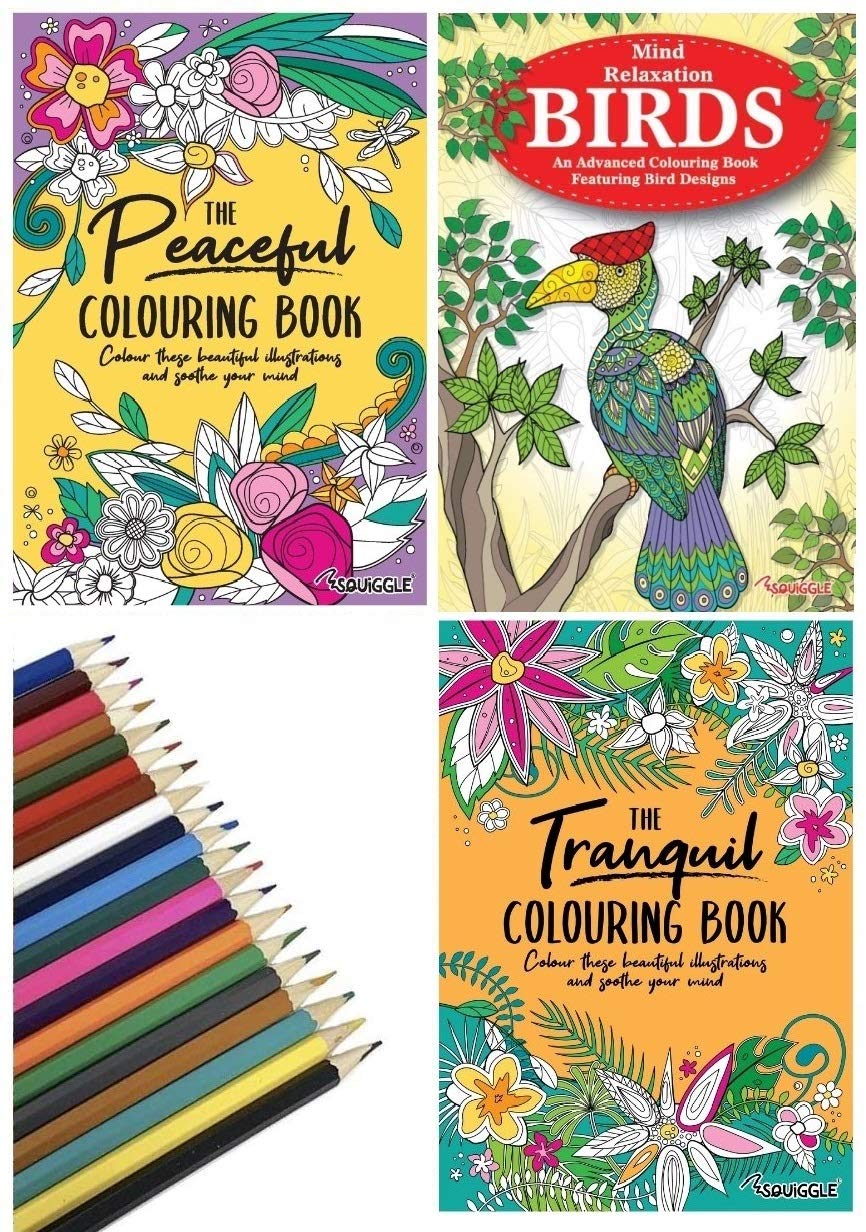 Set of 3 A4 Adult Colouring Books - Peaceful, Tranquil & Birds + 20 Colour Therapy Colouring Pencils