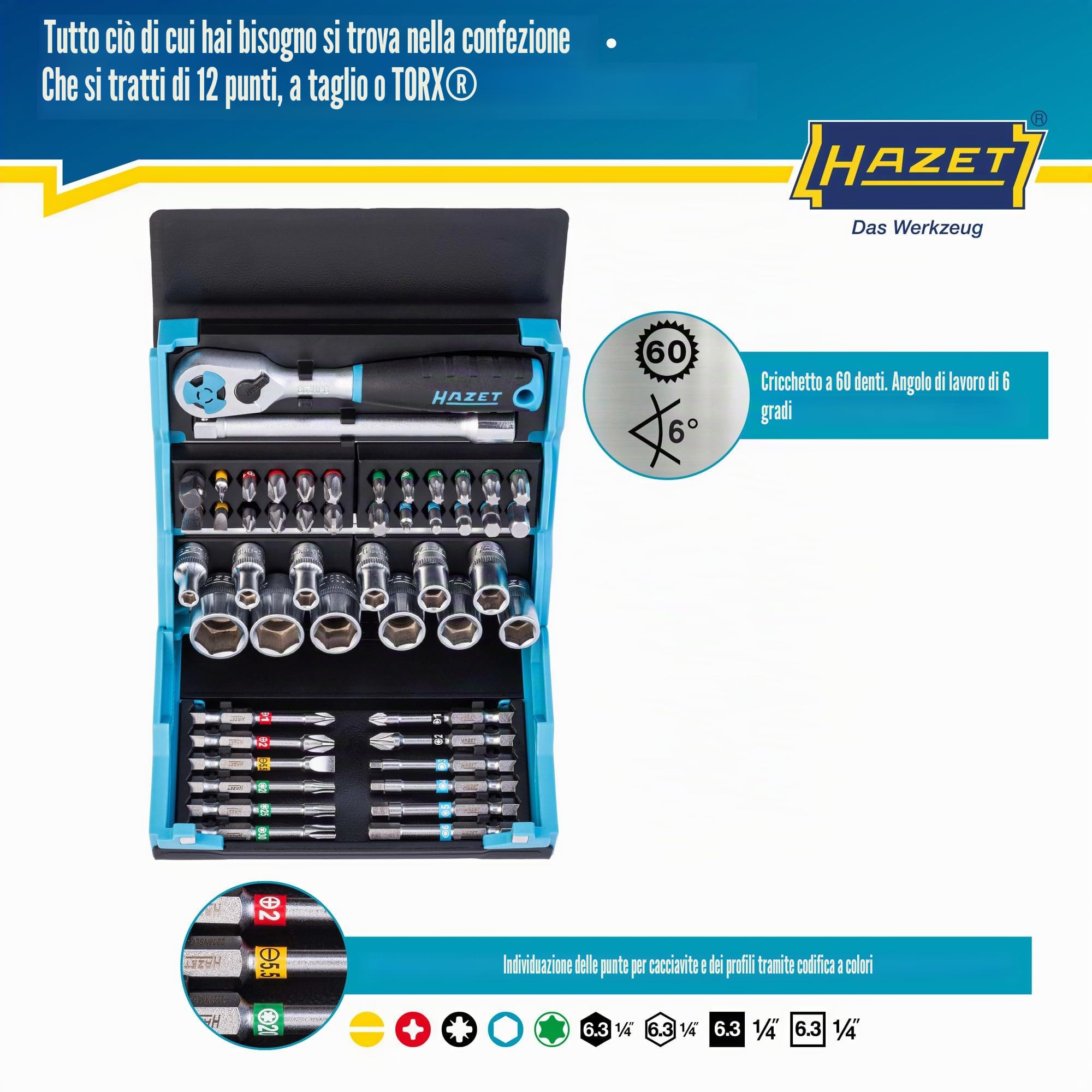 Set di chiavi a bussola HAZET SmartCase 2200SC-2 | Set di chiavi a bussola da 50 pezzi, attacco: esagonale e quadrato 6,3 mm (1/4 di pollice), valigetta portautensili mobile Made in Germany
