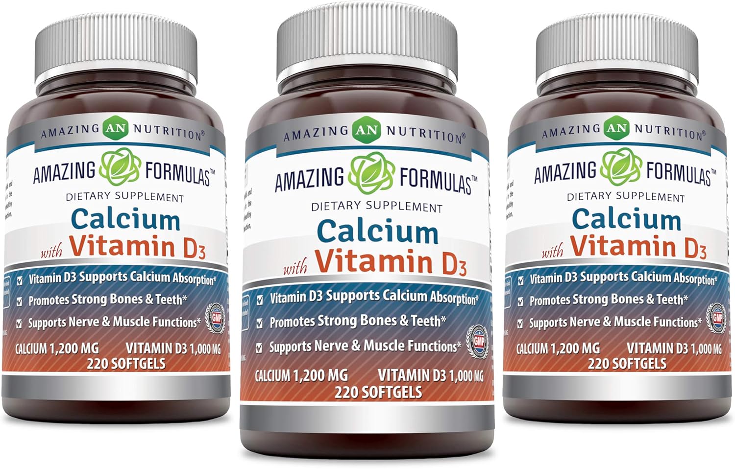 Amazing Formulas Calcium with Vitamin D3 220 Supplement | 1000 Mg | 220 Softgels | Non-GMO | Gluten-Free | Made in USA | Pack of 3