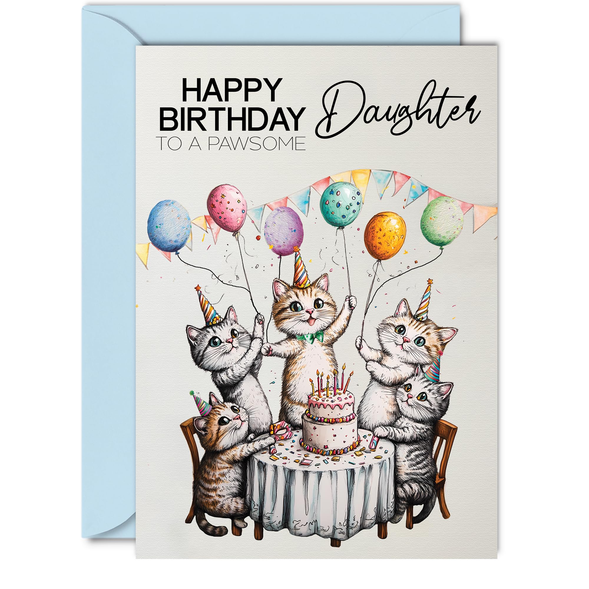 Daughter Birthday Card - Pawsome Party Cats Balloons - Happy Birthday Card for Daughter from Dad Mum, 5x7 Inch Female Cat Bday Greeting Cards