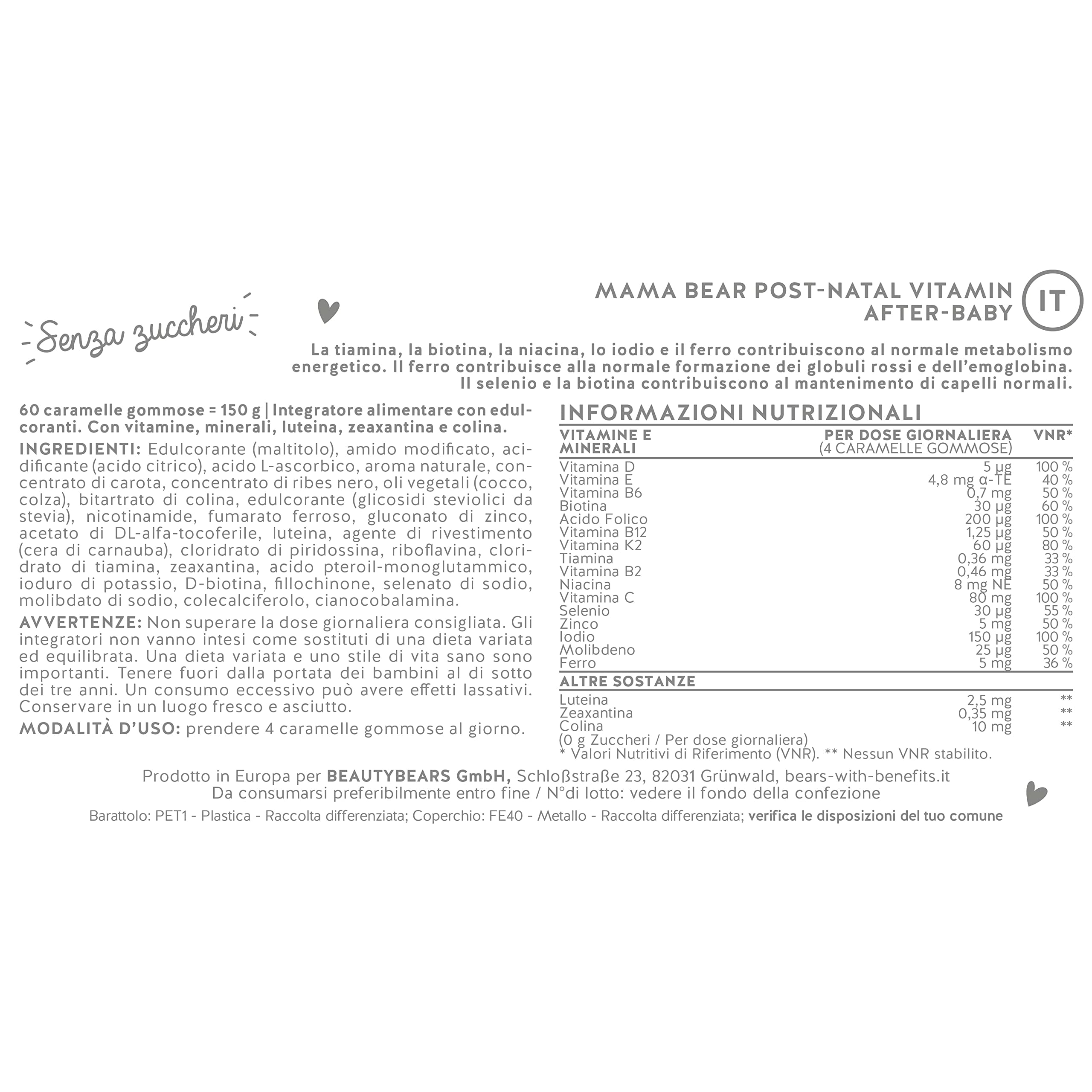 Bears with Benefits Complesso vitaminico concentrato per l'allattamento - con acido folico, ferro, zinco, selenio - orsetti gommosi (60 pz) - BEARS WITH BENEFITS Mama Bear Postnatal